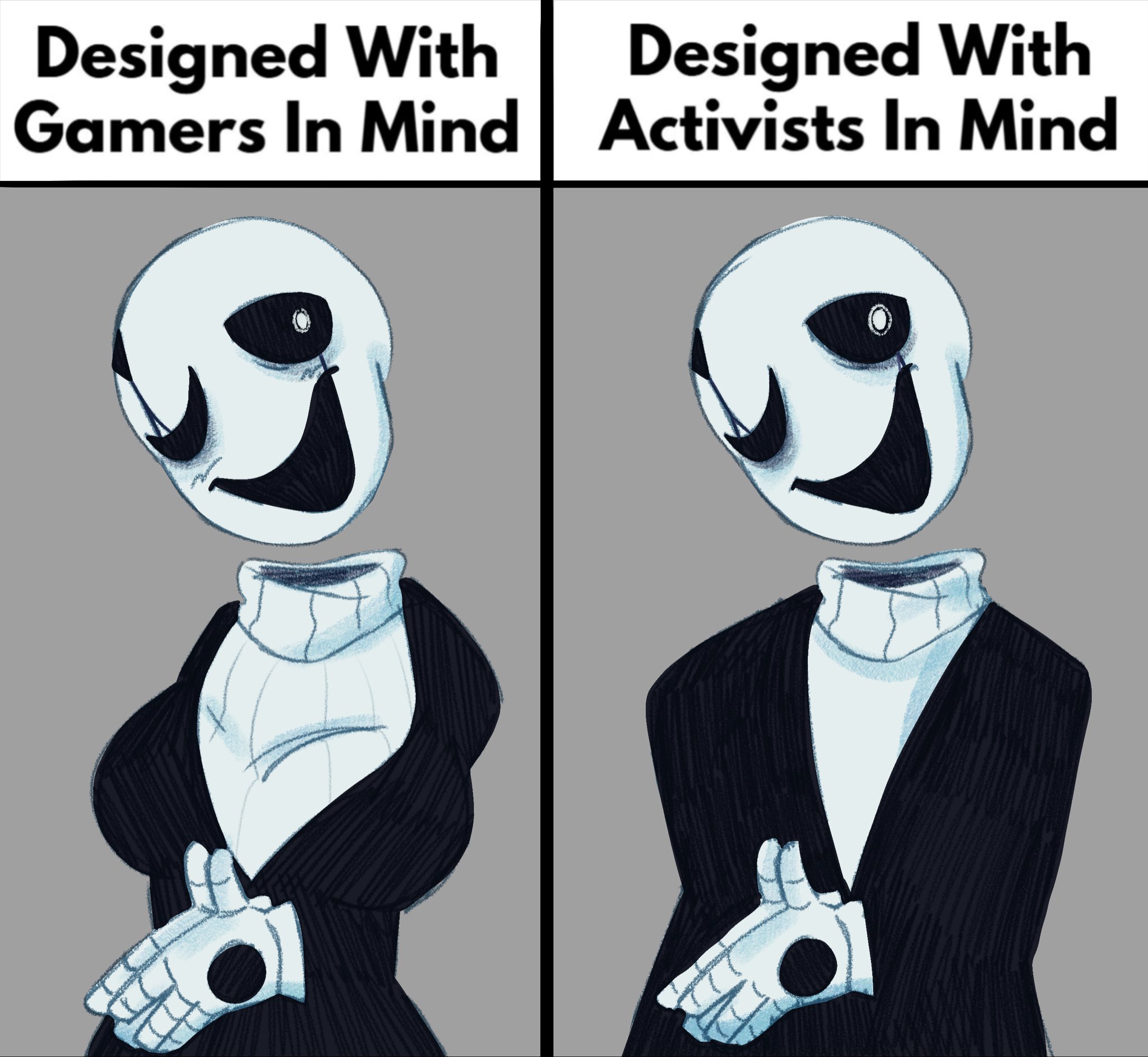 2d, 2d (artwork), breasts, designed with gamers in mind, fem gaster, female, floating hands, floating head, gaster, grey background, male, mayhem sketches, meme, mysteryman, no arms, rule 63, sketch, split screen, tagme, text, turtleneck, turtleneck sweater, undertale, undertale (series), white sweater