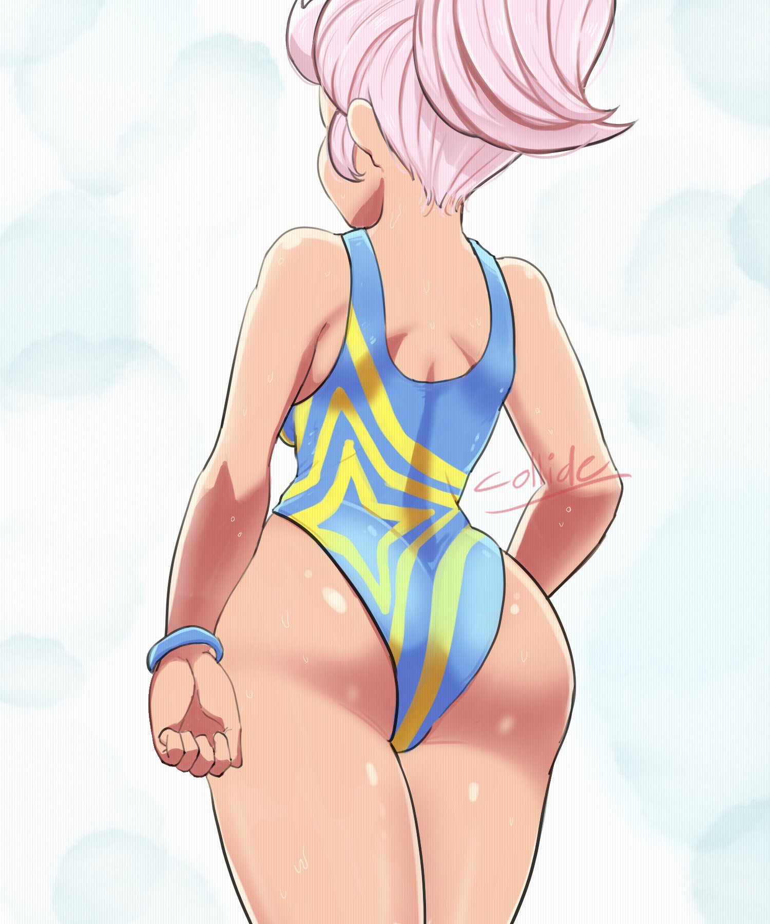 artist signature, beautiful, big butt, blue swimsuit, bracelet, brawl stars, butt focus, collide, female, female only, from behind, janet (brawl stars), light-skinned female, one piece swimsuit, pattern swimwear, pink hair, simple background, solo female, swimsuit, tagme, wet
