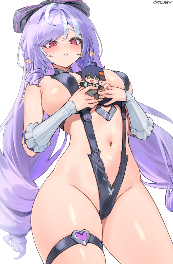 :0, 1girls, armwear, belle (zenless zone zero), belly button, big breasts, blush, breasts, character doll, covered erect nipples, doll, embarrassed, female, female only, jtveemo, long hair, looking at viewer, low-angle view, navel, official alternate costume, red eyes, sling bikini, swimsuit, thigh strap, vivian (zenless zone zero), vivian banshee, vivian banshee (iris of the shore), zenless zone zero