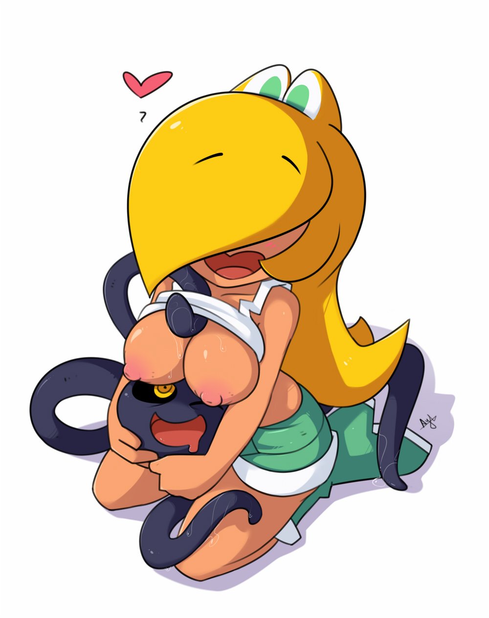 1girls, 2019, ayb, blonde hair, breasts, female, green eyes, hair over eyes, koopa, koopa girl, mario (series), nipples, short shorts, shorts, simple background, smile, tagme, tank top, tentacle