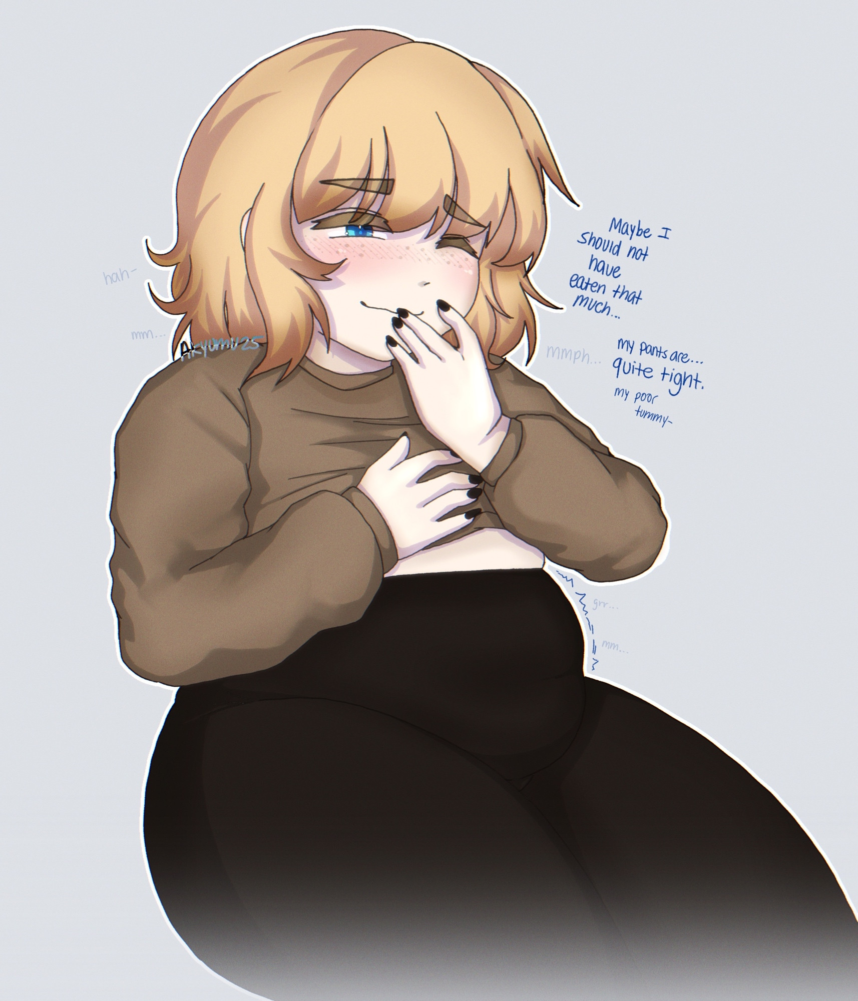 after eating, akyumu, belly, black leggings, black legwear, black nail polish, black nails, blonde hair, blonde hair male, blonde-haired male, blue eyes, blue eyes male, brown sweater, covering face, covering mouth, fair-skinned male, femboy, femboy only, feminine male, full, full belly, girly, hand on belly, imminent expansion, imminent inflation, leggings, looking down, male, male only, milo (akyumu), self upload, shirt lift, soft belly, sweater, sweater lift, tight clothing, tight pants
