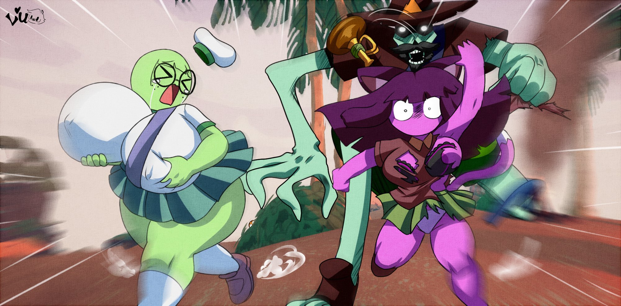 artist signature, background character, beard, bearded, breasts, brown sandals, brown shirt, brown shoes, cat ears, cat tail, comic, comic page, cowboy hat, crying, crying female, crying with eyes closed, deserted island, dust, fat ass, fat tits, female, grass, green skin, green skinned female, green skinned male, green skirt, holding breast, holding breasts, horn, hyper tits, island, long hair, long hair female, lueduar, lueduartv, male, moustache, neko, nekomimi, okgaki, open mouth, panties, peak (videogame), peak-chan (okgaki), pink skin, pink skinned female, purple hair, purple hair female, running, running away, sailor uniform, sand, sandals, scared expression, scared face, scared female, scout (peak), scoutmaster myres, stranded, sunset, tearing clothes, tearing clothing, tears, thick thighs, tits bigger than head, upskirt, upskirt view, white eyes, white panties, white socks, zombie