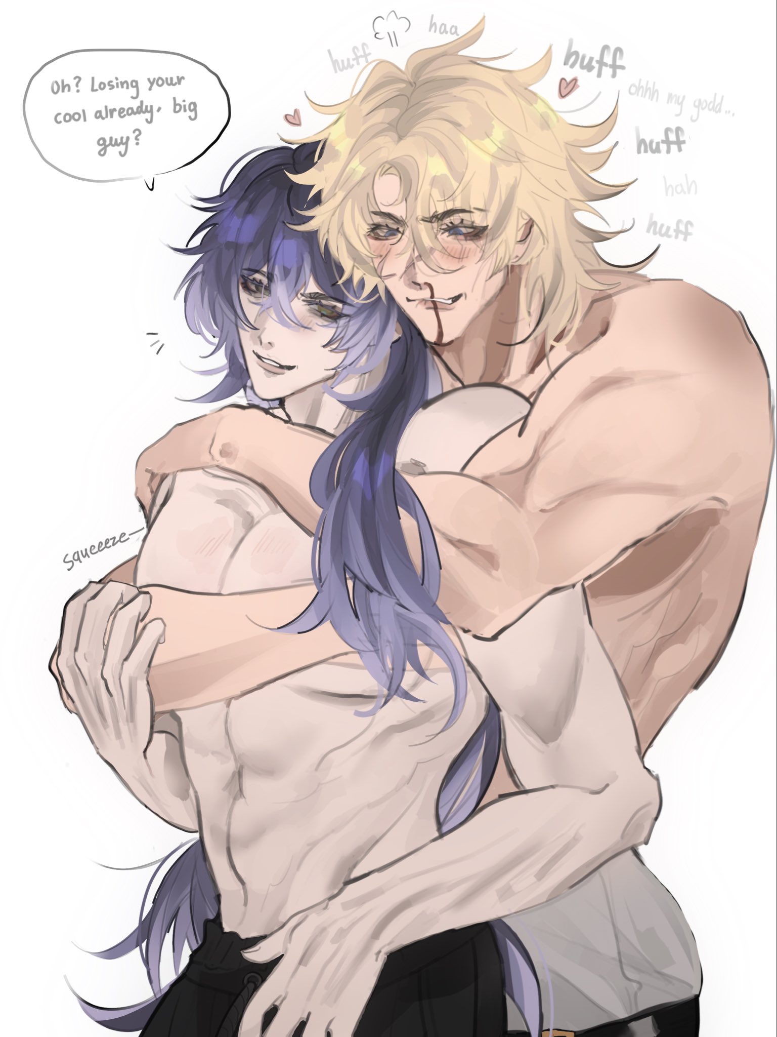 abs, bleeding nose, blonde hair, blood on face, blue eyes, flins (genshin impact), flinstism, genshin impact, green eyes, hugging, hugging from behind, long hair, male, male only, male/male, muscular, muscular male, pale skin, pants, purple hair, shirtless, shirtless male, simple background, smiling, text, text bubble, varka (genshin impact), white background