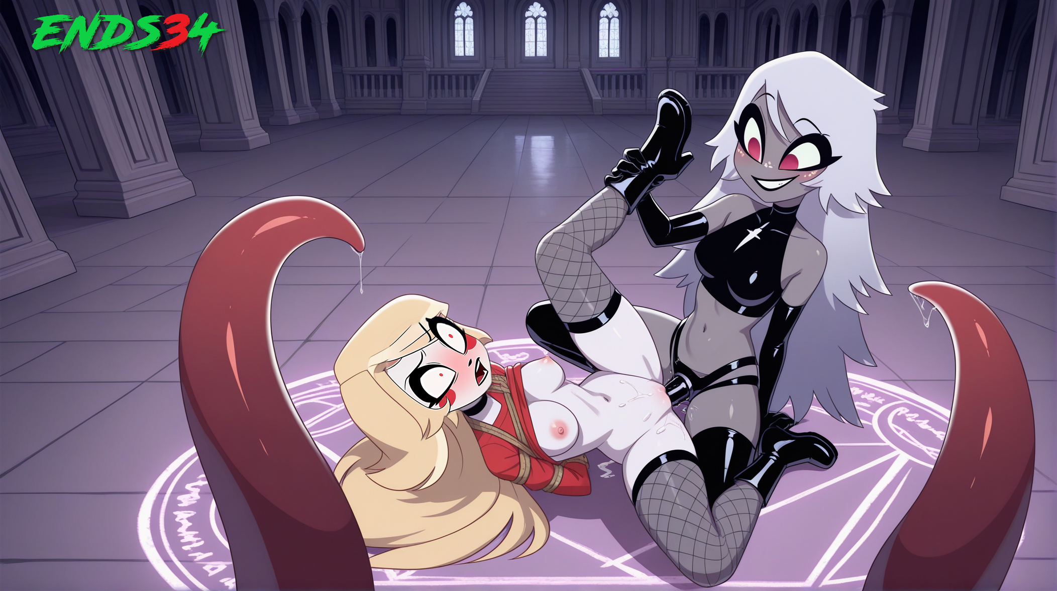 2025, 2girls, ai generated, amazon prime, blonde female, blonde hair, blush, breasts, breasts out, charlie morningstar (hazbin hotel), emily (hazbin hotel), ends34, female, female only, female/female, hazbin hotel, lesbian sex, multiple females, multiple girls, pussy, pussy juice, sex, shaved pussy, spread legs, tentacle, white hair, white-haired female, yuri