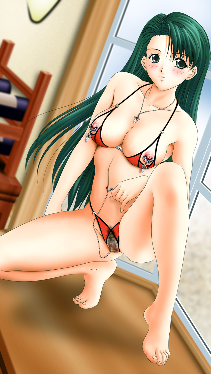 breasts censored clitoris_chain clitoris_piercing clitoris_torture clothes crotchless crotchless_clothes erect_nipples female green_eyes green_hair highres houkago_ren-ai_club human joy_ride libido_(company) linked_clitoris linked_piercings long_hair medium_breasts nipple_piercing nipple_rings nippleless_clothes nipples official_art piercing pointless_censoring pussy solo yamashina_mizuho