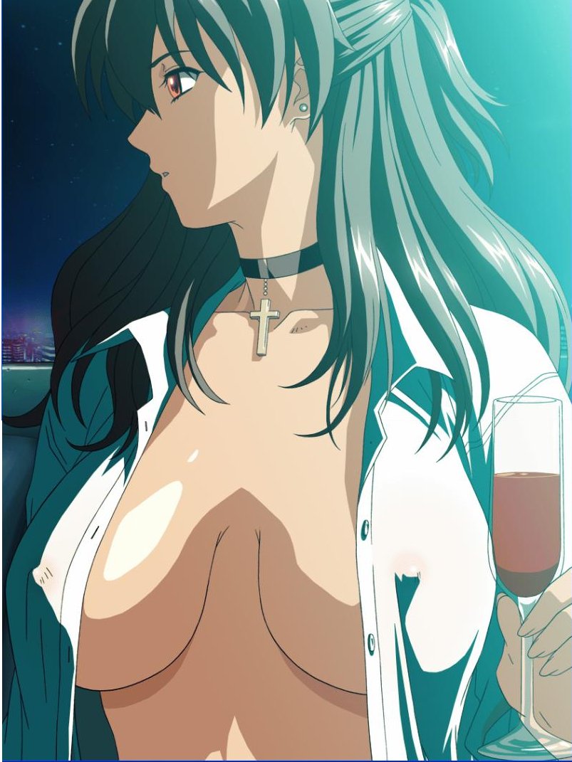 1girls black_and_white_(game) black_hair breasts choker cleavage cross cross_necklace earrings erect_nipples erect_nipples_under_clothes female full_cleavage glass jellyfish_(company) large_breasts long_hair looking_away munechira nipples open_clothes open_shirt red_eyes romantic see-through see-through_top shirt solo transparent_clothing wine wine_glass