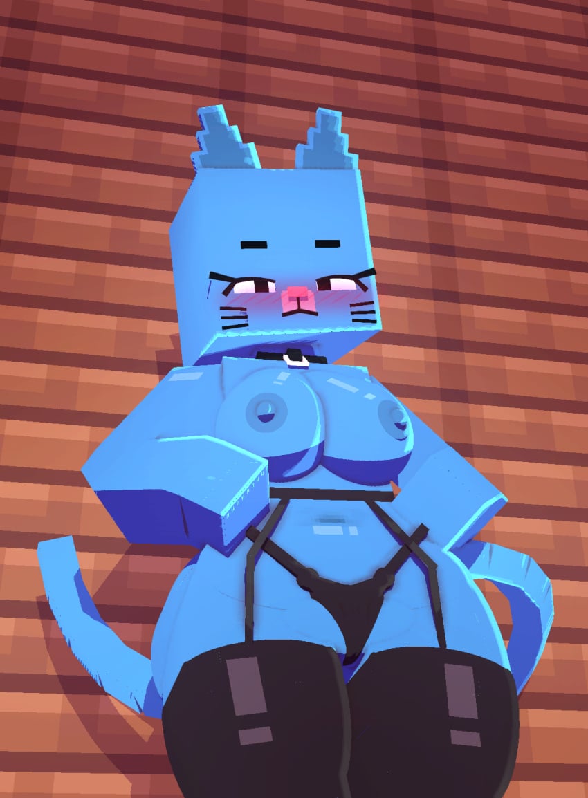 1girls, aerolae, belly, belly button, big breasts, black choker, blue body, blue skin, blush, breasts, cartoon network, cat ears, cat girl, cat humanoid, cat tail, catgirl, choker, female, imminent anal, imminent fellatio, imminent oral, imminent orgasm, imminent penetration, imminent rape, imminent sex, imminent vaginal, looking at viewer, minecraft, minecraft background, mother, nicole watterson, panties, socks, the amazing world of gumball, vagina