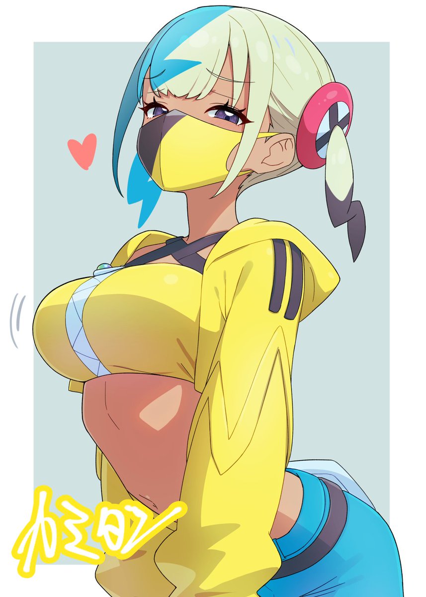 1girls, blue hair, blue shorts, border, breasts, canari (pokemon), canary (pokemon), commentary request, criss-cross halter, crop top, dark skin, dark-skinned female, eyelashes, face mask, female, female only, game freak, green hair, grey background, gyaru, halterneck, heart, highres, jacket, kamidan, kusogaki, large breasts, looking at viewer, mask, mouth mask, multicolored hair, navel, nintendo, open clothes, open jacket, outside border, pokemon, pokemon legends: z-a, purple eyes, shorts, simple background, solo, split-color hair, strapless, streamer, tube top, two-tone hair, white border, yellow jacket, yellow tube top