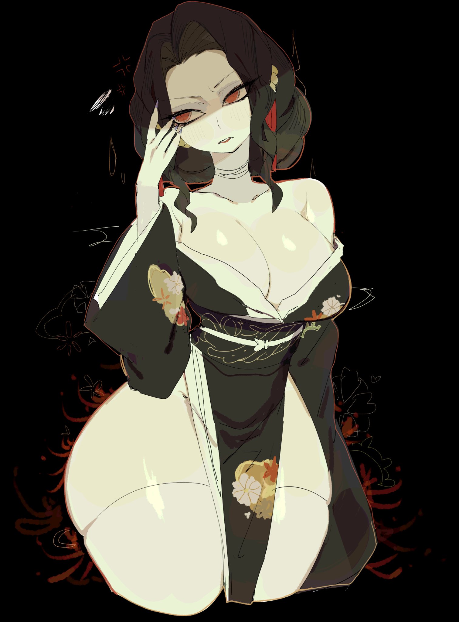 1girls, alternate ass size, alternate body size, alternate body type, alternate breast size, alternate thighs size, angry, annoyed, ashamed, ass, big ass, big breasts, black hair, breasts, bursting breasts, cleavage, closed mouth, clothed, curvy, demon, demon girl, demon slayer, eyebrows, eyelashes, feet out of frame, female, female muzan, female only, foot out of frame, front view, genderbend, glossy, glossy body, gradient hair, hi res, highres, hourglass figure, japanese clothes, kimetsu no yaiba, kimono, large breasts, legs together, legwear, light, light skin, light smile, light-skinned female, lips, lipstick, looking away, looking up, mad, mature, mature female, milf, muzan kibutsuji, narrow wais, open kimono, open mouth, pale skin, pale-skinned female, red eyes, revealing clothes, rule 63, shiny, shiny ass, shiny body, shiny butt, shiny skin, short hair, short kimono, simple background, soft smile, soft thighs, solo, thick thighs, thighhighs, thighs, thighs together, usa37107692, voluptuous, waist, white body, white legwear, white skin, white thighhighs, wide hips