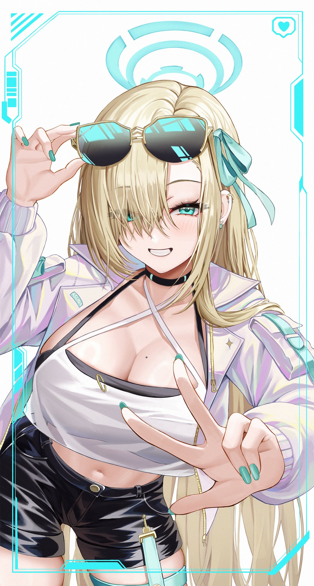 1girls, artist request, asuna (blue archive), big breasts, blue archive, breasts, female, female only, gyaru, hair over one eye, halo, jacket, millennium science school student, mole on breast, sunglasses, sunglasses on head, tight pants