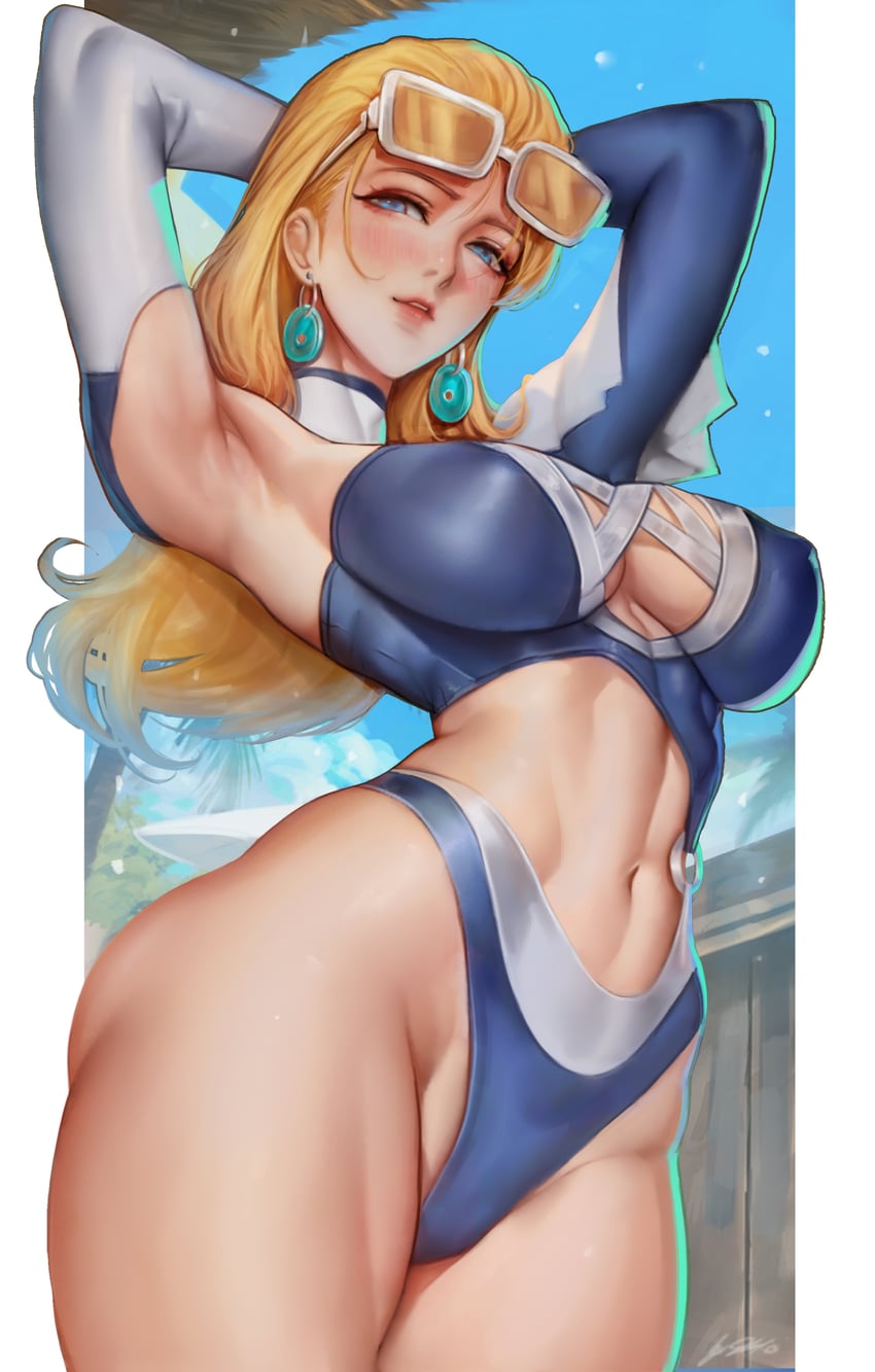 1girls, blonde hair, blue eyes, blue swimsuit, cleavage, eyewear on head, fantastic four, female, invisible woman, invisible woman (azure shade), invisible woman (marvel rivals), long hair, marvel, marvel comics, marvel rivals, milf, sherylnome, sue storm, sunglasses, superheroine, swimsuit, thighs