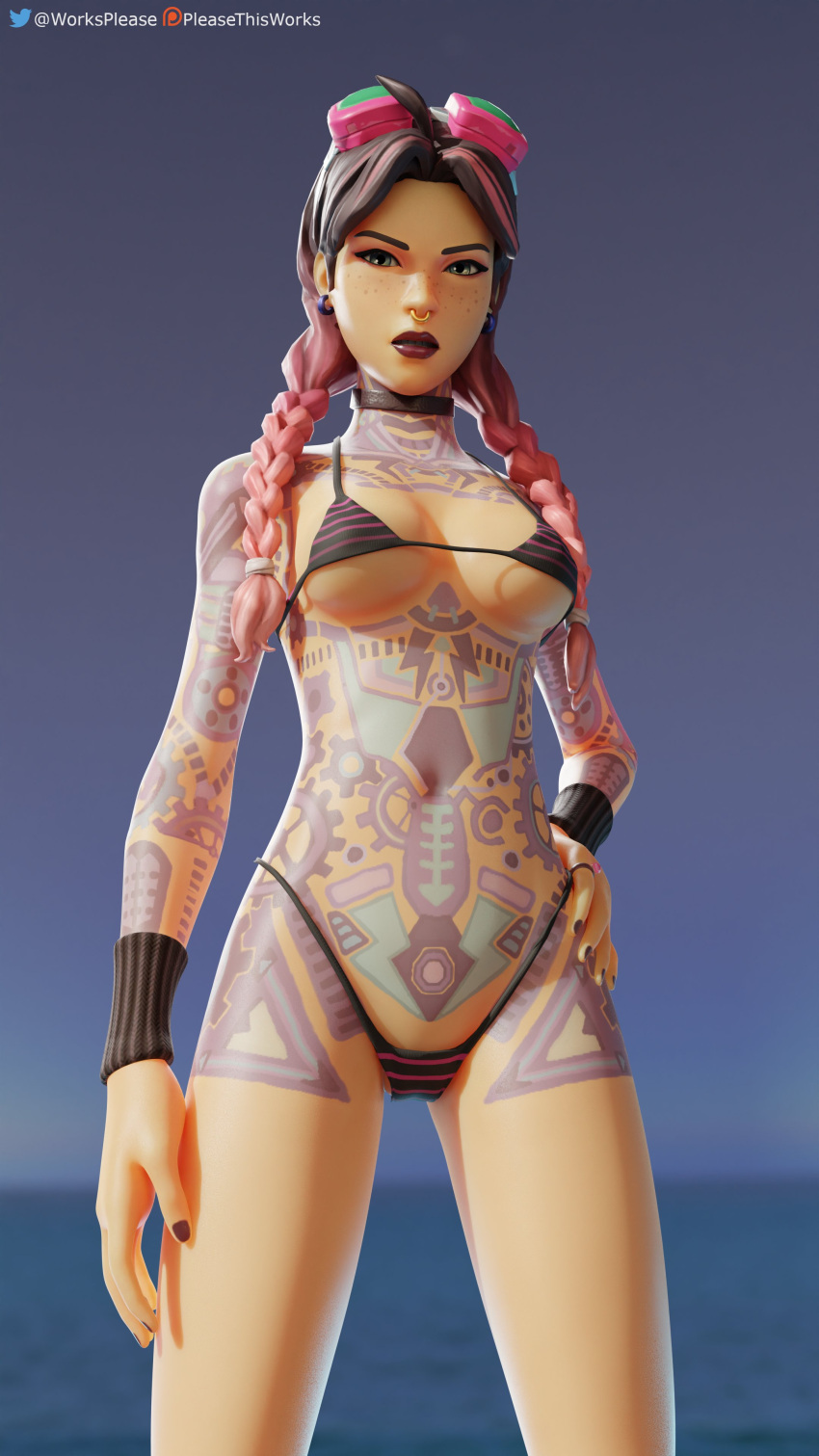 beach beach_background beach_jules bikini bikini_bottom bikini_top choker fortnite jules_(fortnite) looking_down looking_down_at_viewer low-angle_view nose_ring ocean pleasethisworks small_bikini tagme tattoo tattoos