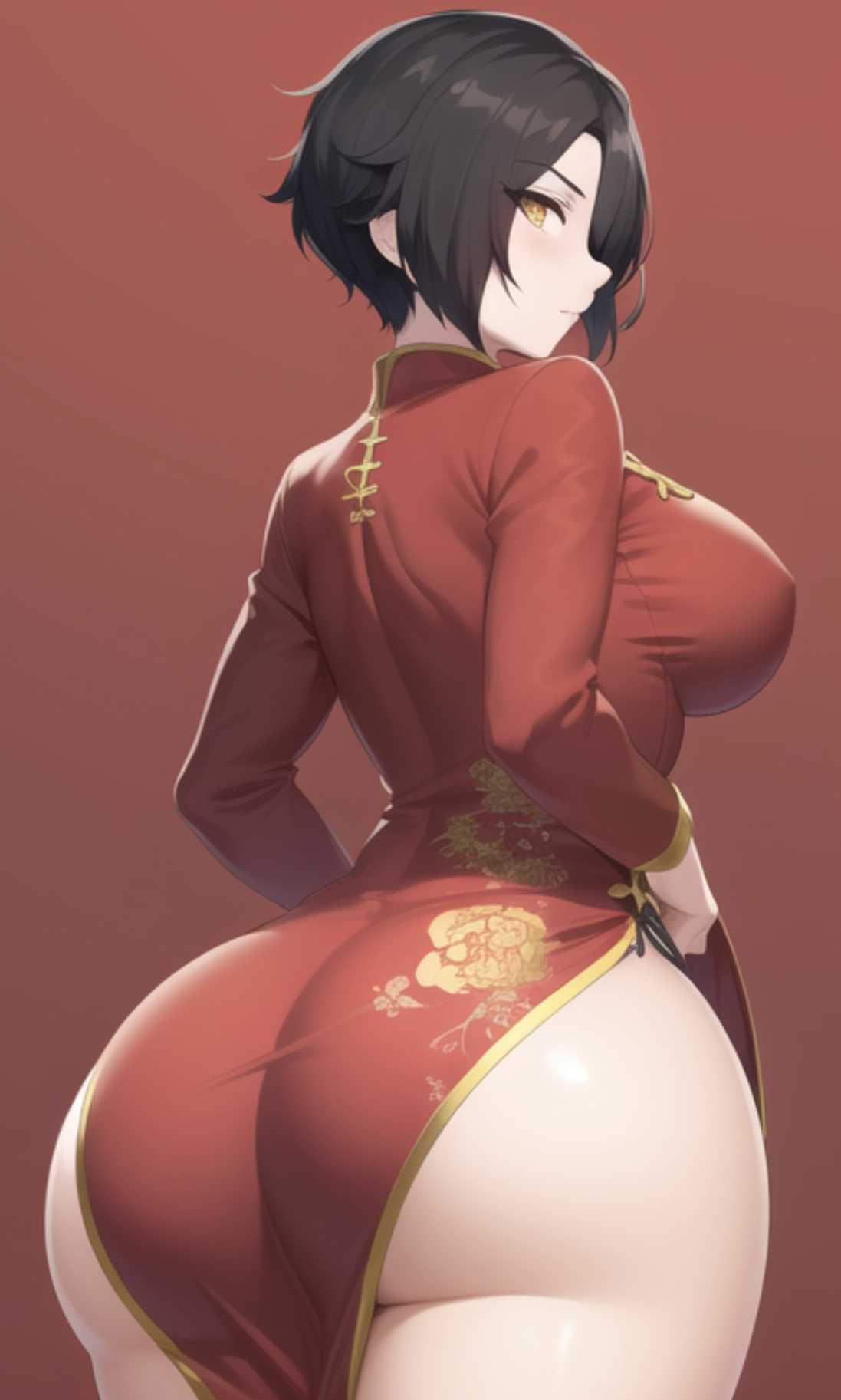 1girls, ai generated, ass, ass focus, big ass, big breasts, black hair, breasts, cinder fall, fat ass, female, female only, huge ass, light skin, light-skinned female, rooster teeth, rwby, short hair, skimpy, solo, thick thighs, yellow eyes