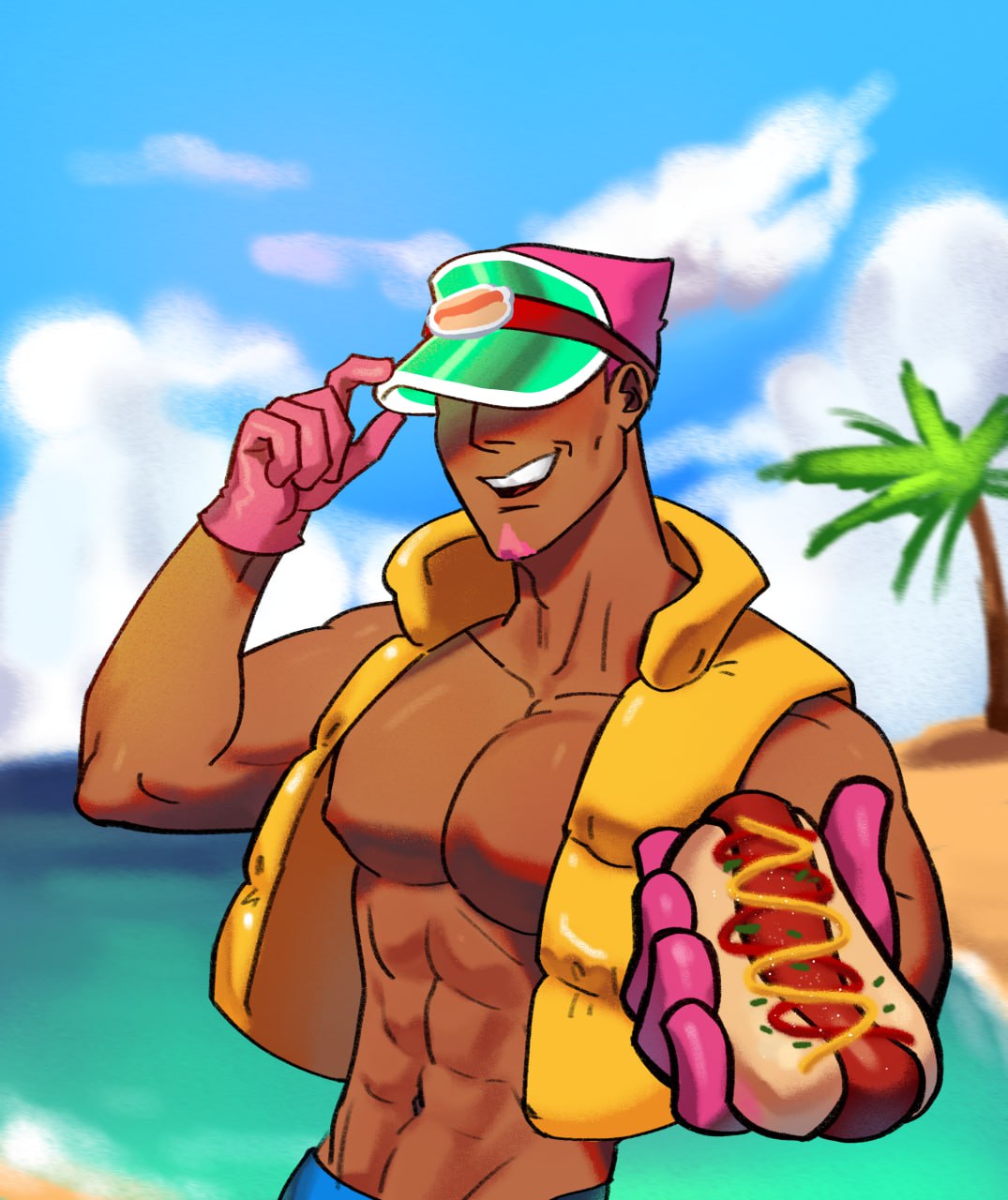 1boy 2023 abs bara beach beach_background beard big_breasts big_chest big_muscles big_pecs brawl_stars breasts cloud clouds color colored digital_art digital_drawing digital_media doug_(brawl_stars) facial_hair food gloves hot_dog humanization humanized jacket_only looking_at_viewer male male_only man_boobs manboobs muscle muscles muscular muscular_arms muscular_chest muscular_male muscular_neck muscular_pecs nipple nipples offering offering_food offering_to_viewer palm_tree pecs pectorals pink_hair pov pov_eye_contact pov_male sand sea shaded shiny shiny_skin shirtless shirtless_male sky smile smiling smiling_at_viewer solo solo_focus solo_male supercell tan tan-skinned_male tan_body tan_skin tanned_male tanned_skin visor visor_cap water zohahahaha