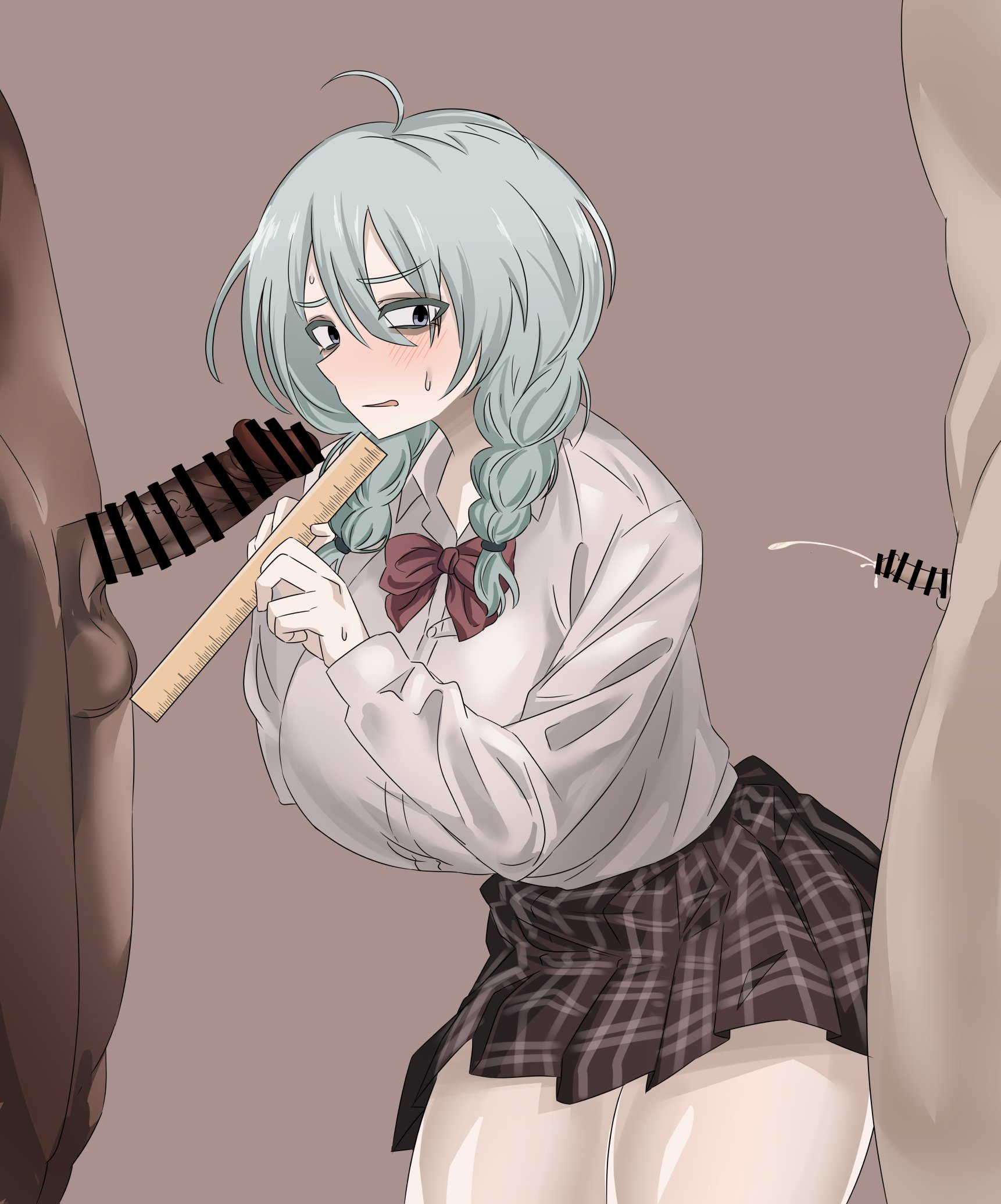 1girls, 2boys, big breasts, big penis, blush, braided hair, braided hair girl (enari), breasts, brown skirt, censor bar, censored, cuckold, cuckold orgasm, dark skin, dark-skinned male, dissappointed look, enari, female, grey hair, hair over shoulder, light skin, light-skinned female, male, measuring, measuring penis, netorare, netorase, no text version, ntr, pale skin, pale-skinned female, partial male, penis, penis size comparison, penis size difference, premature ejaculation, ruler, size difference, skirt, small penis, small penis humiliation, topknot, weak ejaculation, white shirt