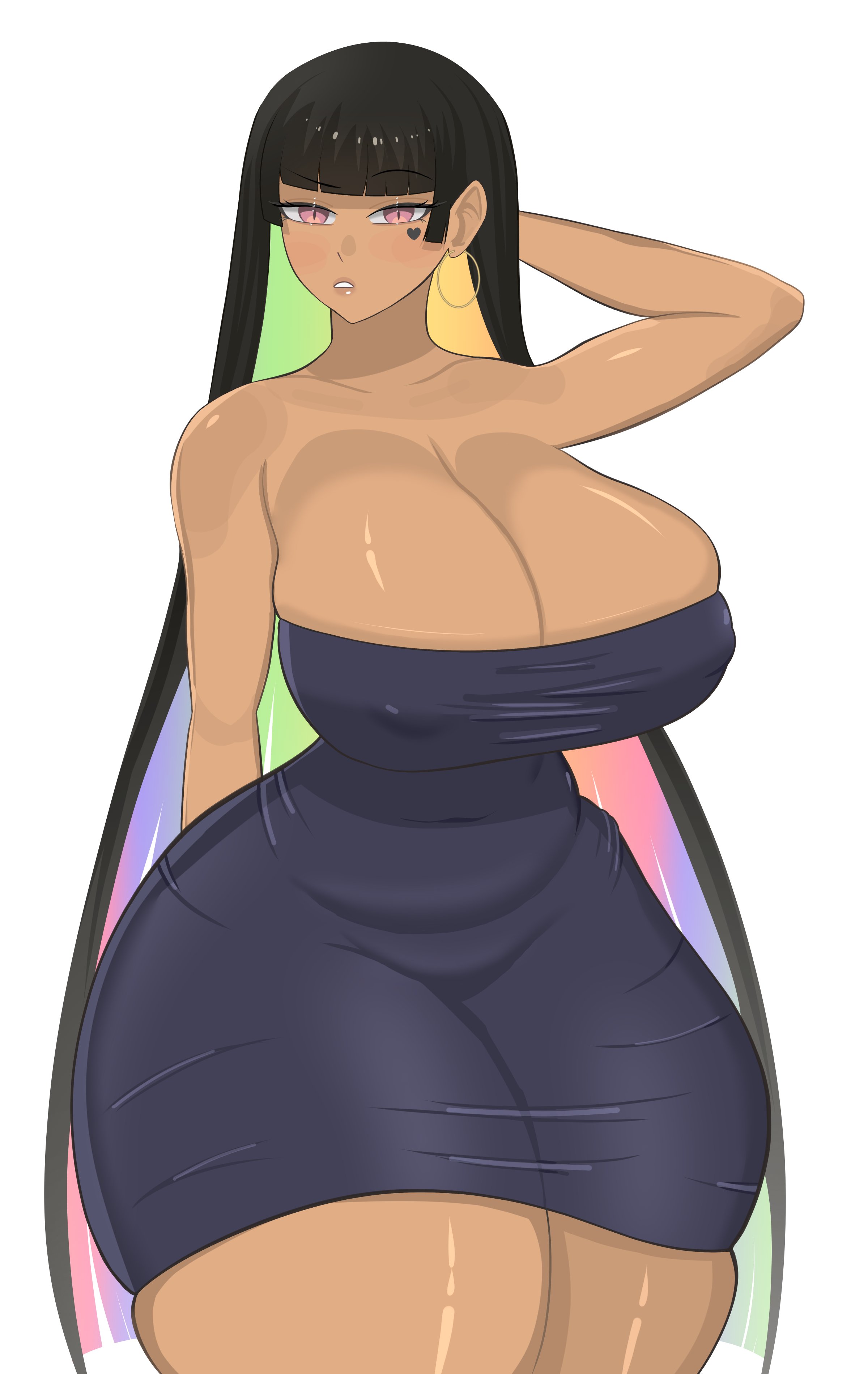 1girls, absurd res, bangs, big breasts, black hair, blunt bangs, breasts, cleavage, dark skin, dark-skinned female, dress, female, female only, hand behind head, heart tattoo, ida draws, legs together, long hair, looking at viewer, nipple bulge, pink eyes, rainbow hair, solo, sona (cinnabus), tattoo, tattoo under eye, thick thighs, thigh squish, white background, wide hips