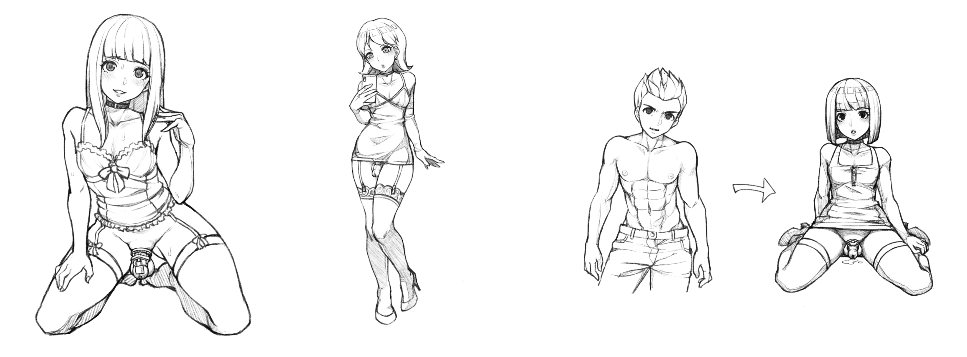 1boy, 1femboy, black and white, female, femboy, feminine male, feminization, girly, lingerie, male, otoko no ko, otokonoko, panty bulge, penis, penis under dress, tomgirl, trap, wataya 2