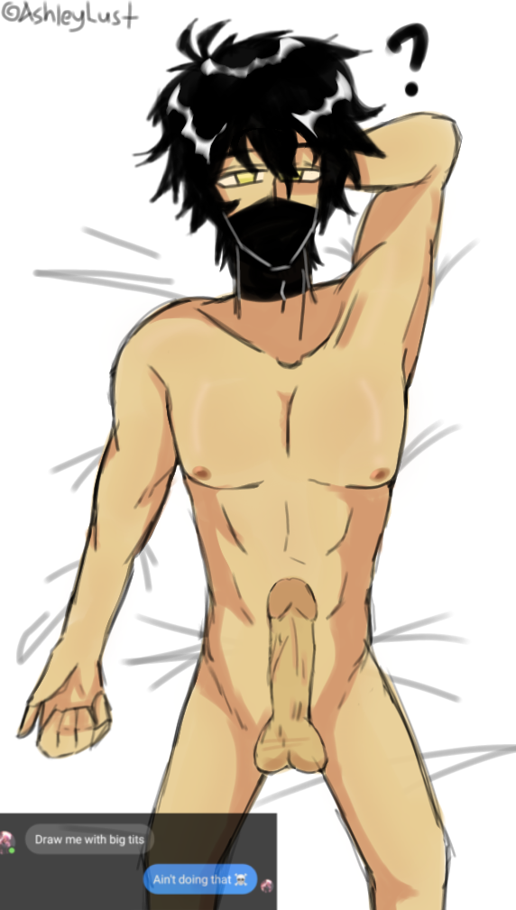 1boy ? abs anatomy_fail anatomy_reference arm_behind_head artist_request ashleylust_(artist) bed bed_sheet big_cock black_hair confused confused_look gay laying_down male_only masked_male middle_aged_male solo_male yellow_eyes