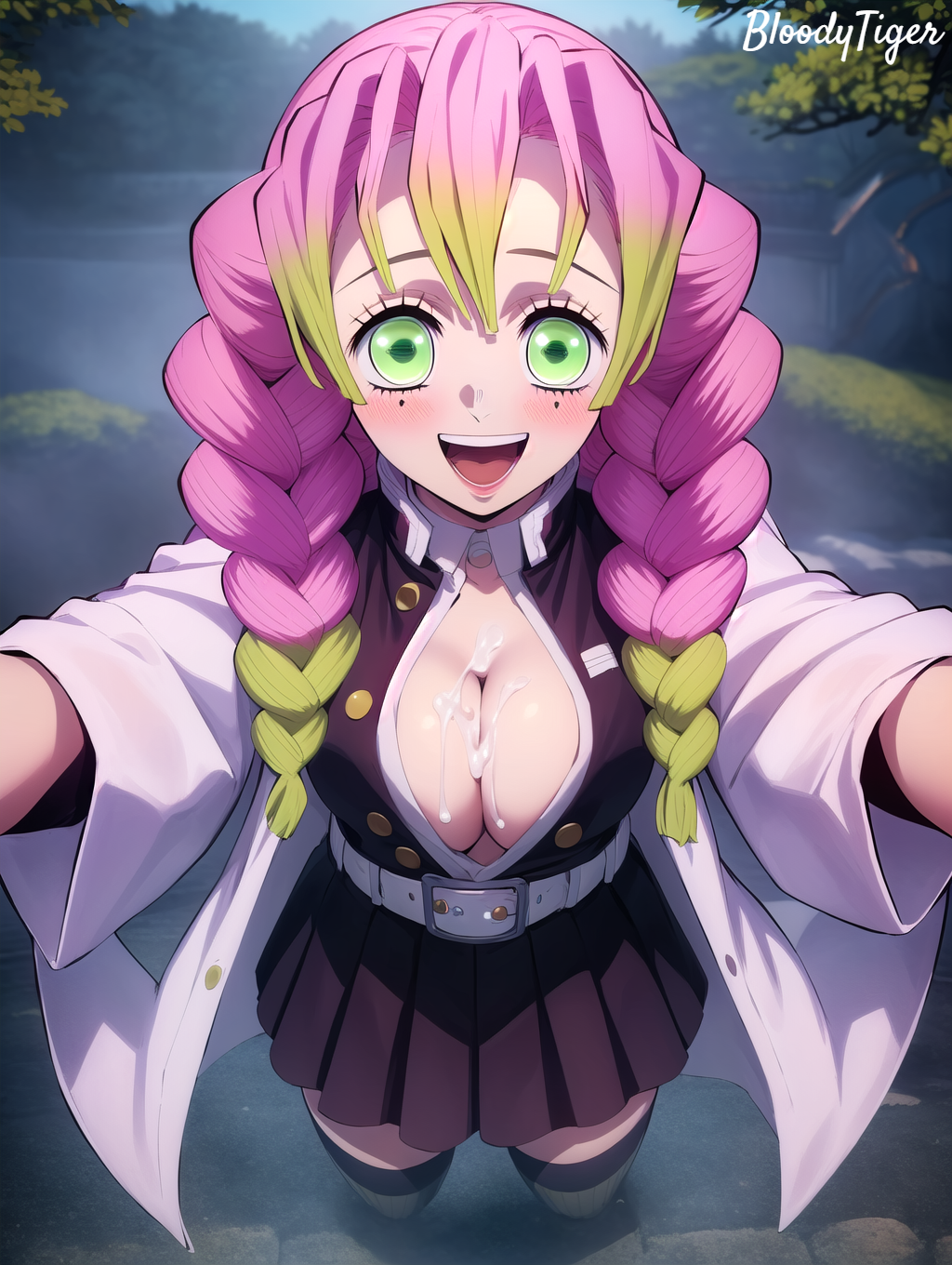 1girls ai_generated big_breasts bloody_tiger blush breasts busty center_opening cleavage cum cum_on_breasts demon_slayer demon_slayer_uniform green_eyes happy kanroji_mitsuri kimetsu_no_yaiba large_breasts pink_hair skirt smile solo stable_diffusion tagme twin_braids