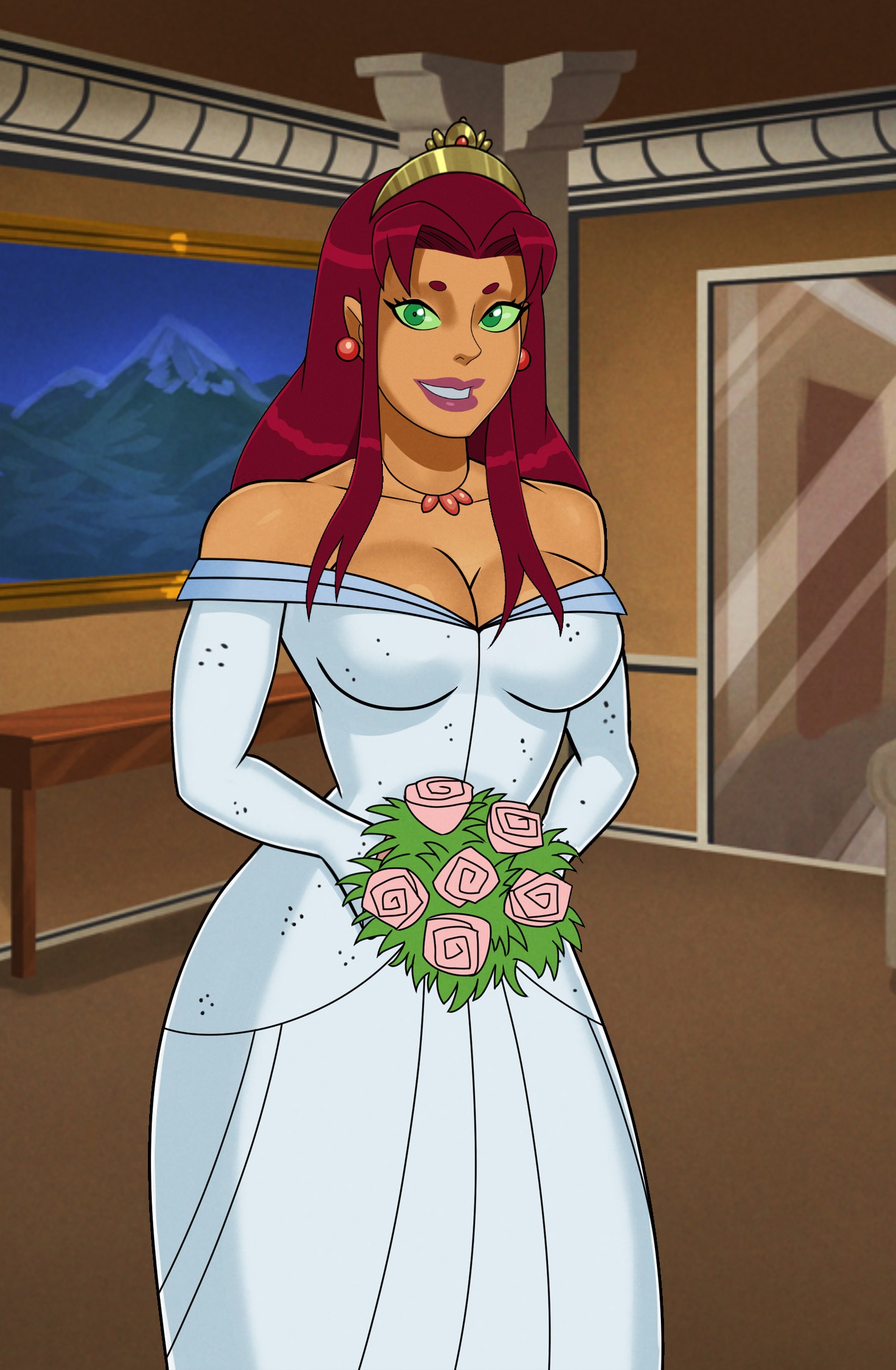 1girls, alien, bare shoulders, bouquet, breasts, bride, cleavage, dc, dc comics, dress, earrings, edit, female, female only, fully clothed, green eyes, jewelry, koriand'r, looking at viewer, lovekraut, orange body, red hair, smile, solo, something unlimited, starfire, sunsetriders7, tagme, teen titans, wedding, wedding dress