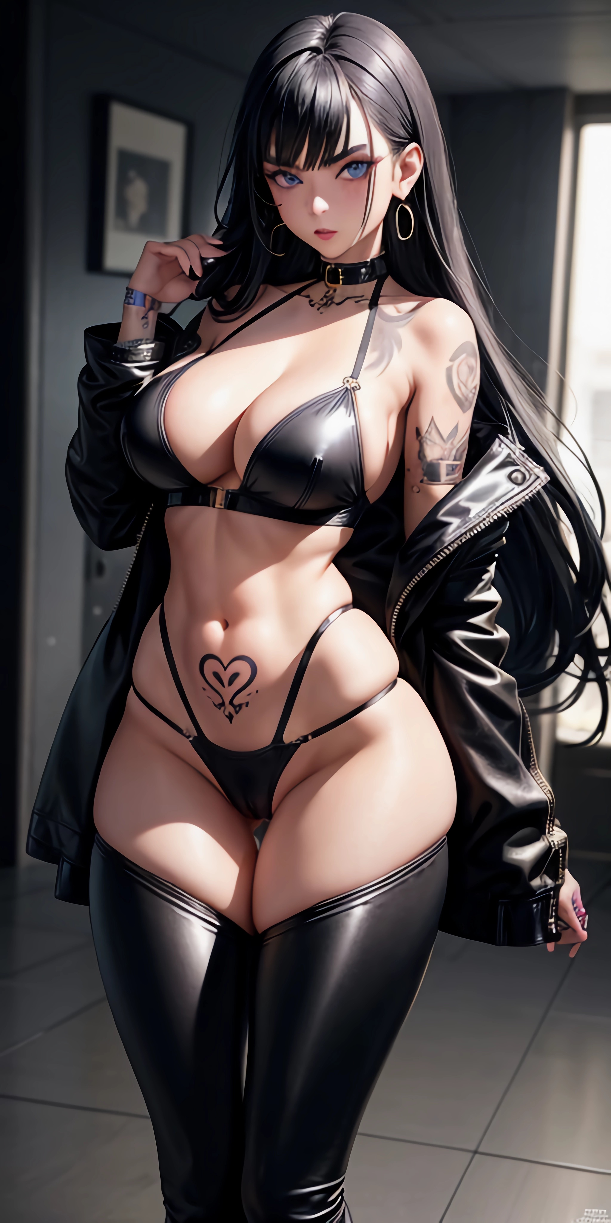 1girls, ai generated, beauty mark, black hair, blue eyes, bra, breasts, busty, cameltoe, collar, earrings, female, goth, goth girl, jacket, leather pants, long hair, looking at viewer, open jacket, original, original character, pussy, stable diffusion, tagme, tall female, tattoo, tattooed arm, tattoos, thick eyebrows, thick thighs, voluptuous, voluptuous female, yodayo