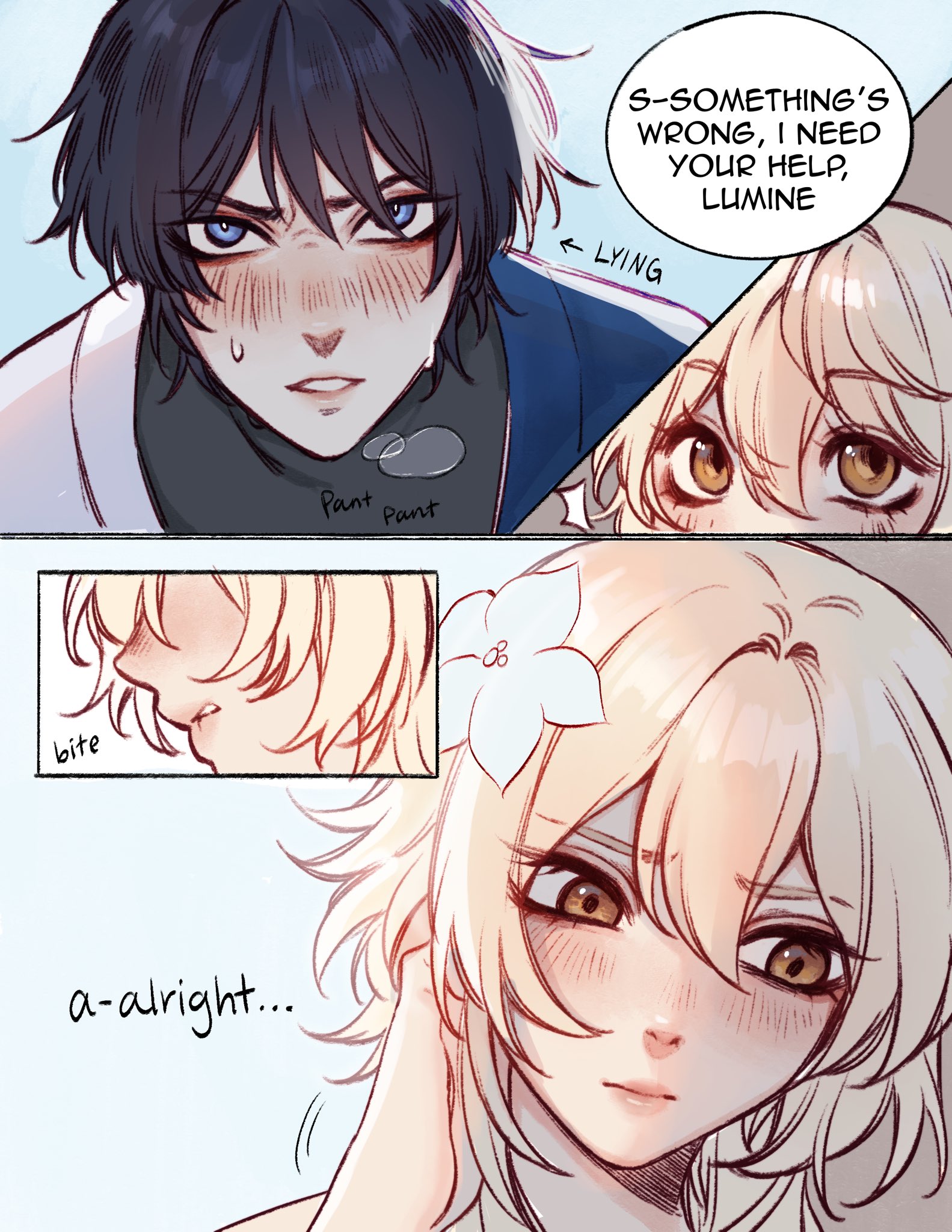 1boy, 1girls, bangs, biting own lip, blonde female, blonde hair, blush lines, comic, english text, female, flower in hair, genshin impact, heavy breathing, lumine (genshin impact), lying, male, nomi owo, panting, scaramouche (genshin impact), text, visible breath