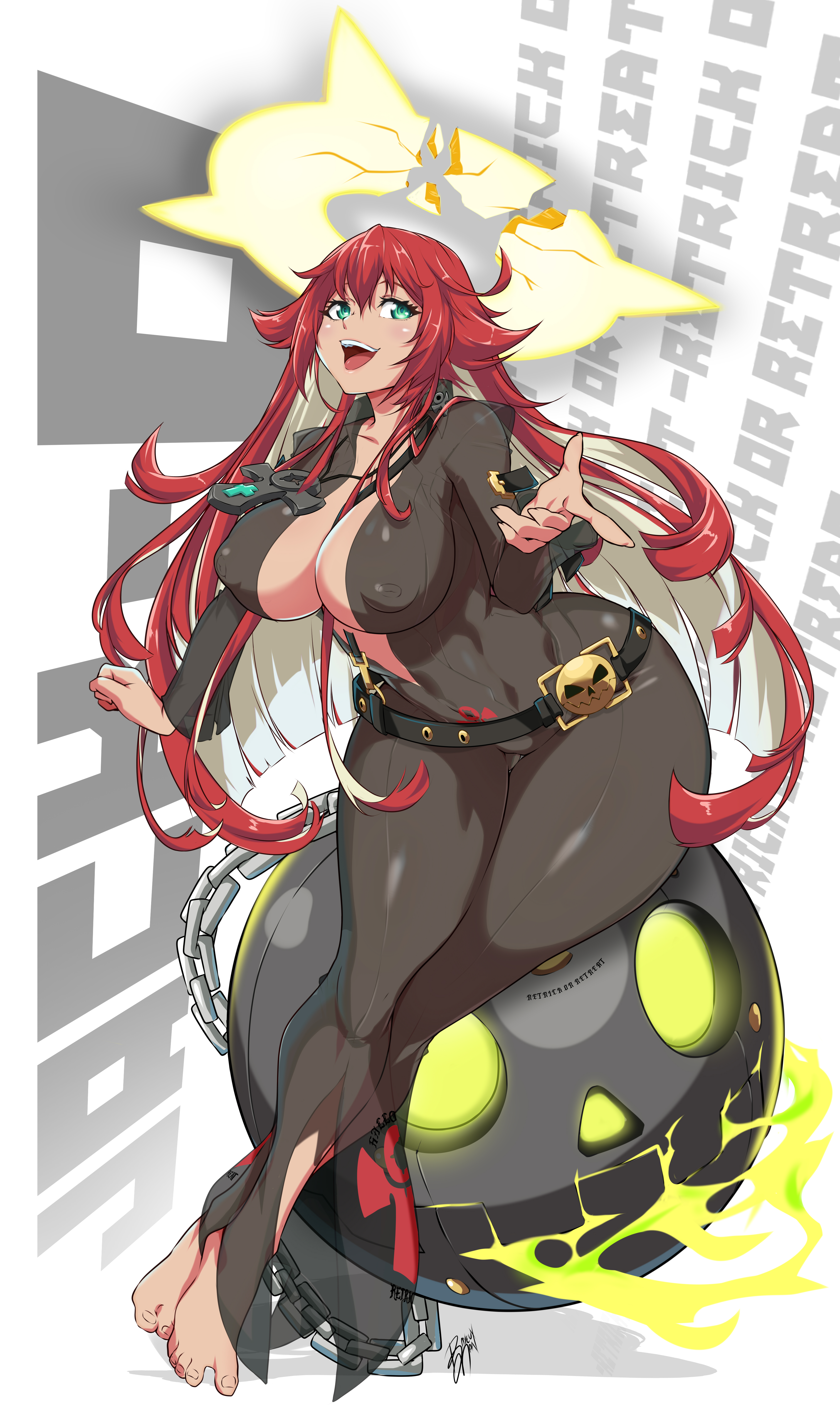 1girls, ass, background text, bayeuxman, belt, big breasts, black clothing, breasts, broken halo, cleavage, crossed legs, curvy, curvy female, feet, female, green eyes, guilty gear, halo, jack-o' valentine, large ass, long hair, necklace, nipple bulge, nipples, nipples visible through clothing, red hair, see-through clothing, smile, solo, solo female, teal eyes, text, thick ass, thick thighs, transparent clothing, white hair, wide hips