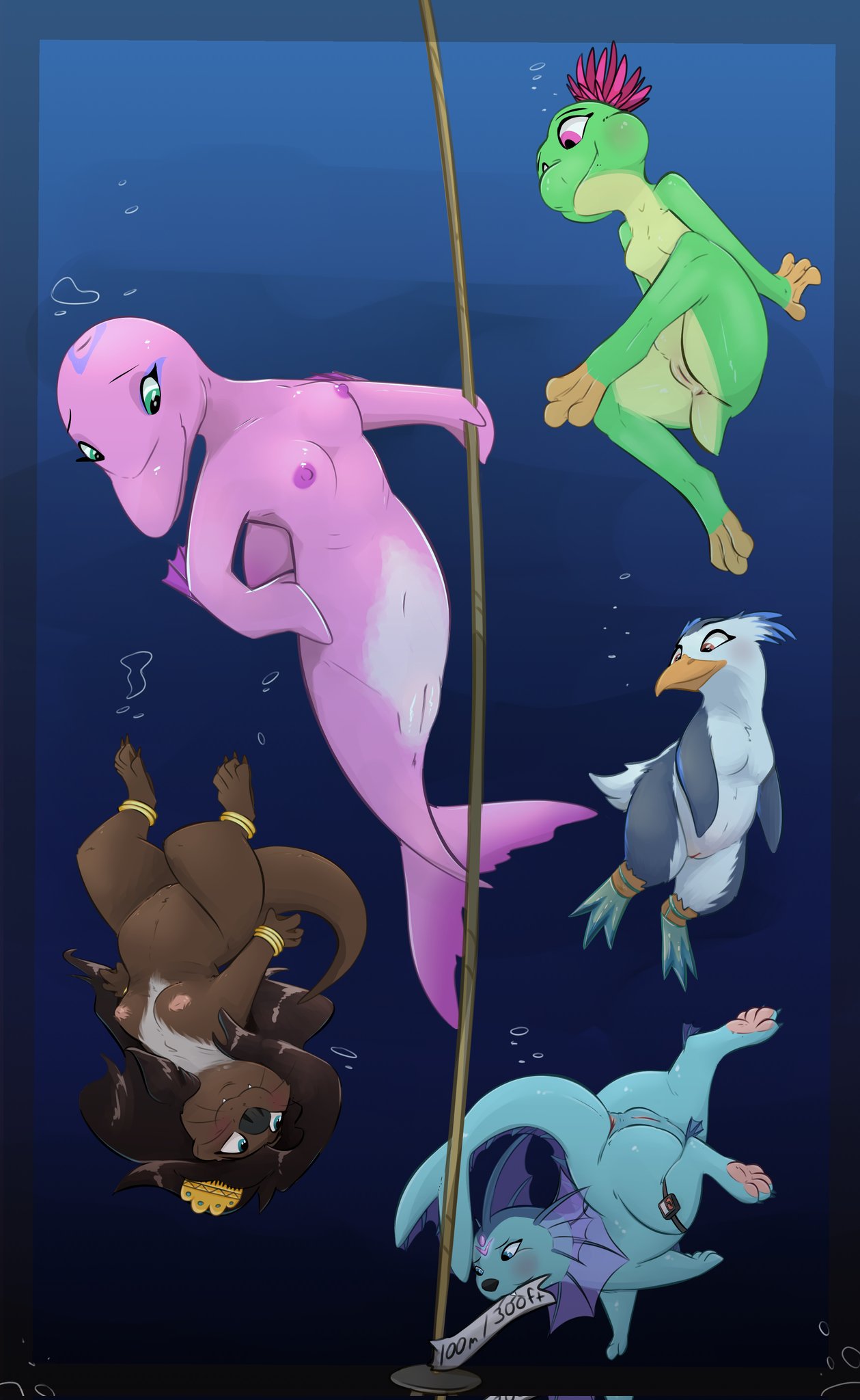 2023 african_clawless_otter amphibian anthro anus ass avian bird blue_body breasts brown_body brown_fur casual_nudity cetacean countershading crested_penguin diving dolphin dorra_(dragon-tear) eeveelution female feral freggie_(dragon-tear) frog fur generation_1_pokemon genitals green_body green_skin group hi_res holding_breath honeymono mammal marine mustelid nintendo nipples nude nude_female otter pela_(dragontear) penguin pink_body pink_skin pokemon pokemon_(species) pussy rockhopper_penguin swimming ta'hira_(dragontear) toothed_whale underwater vaporeon varra_(dragon-tear) water white_body white_countershading