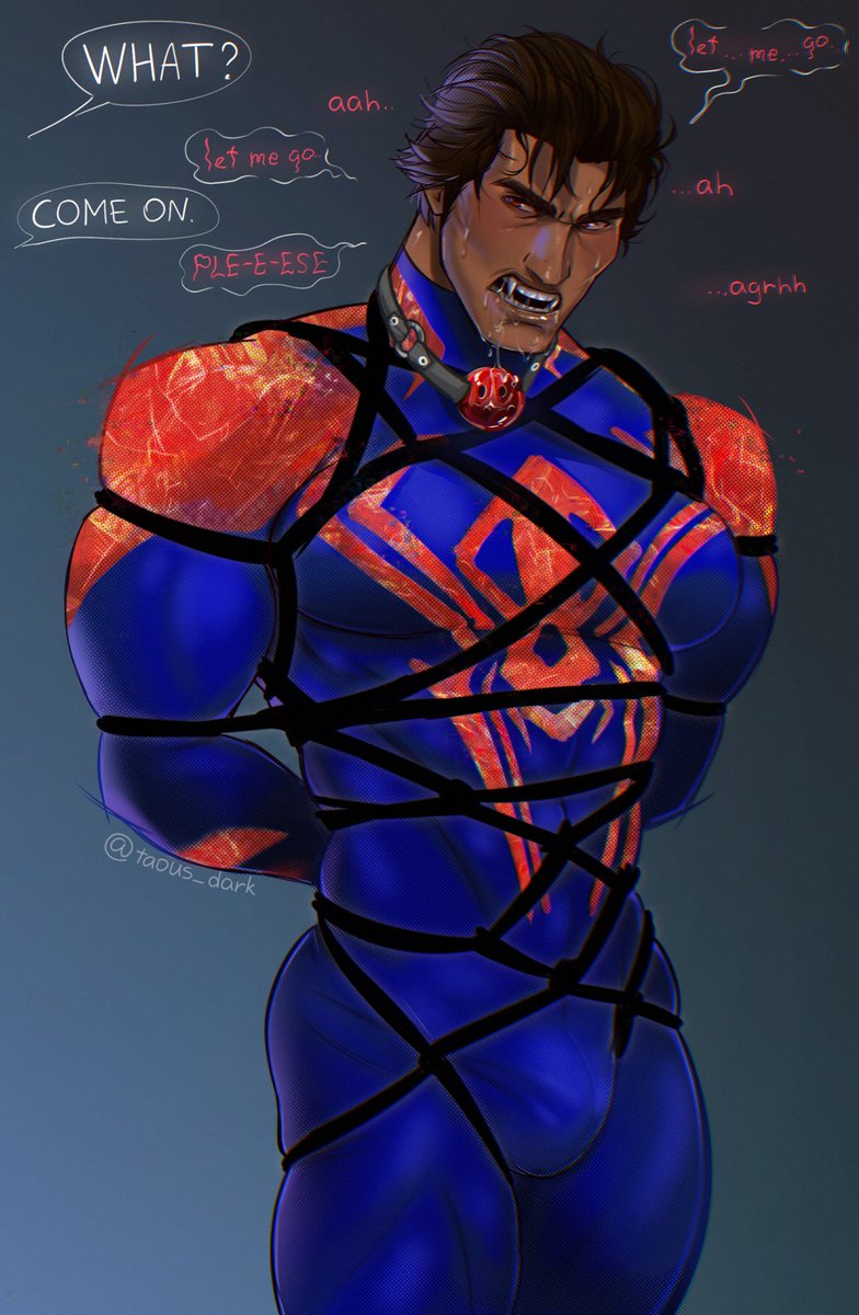 angry ball_gag bondage bulge flaccid latino male_only marvel miguel_o'hara muscular muscular_male solo solo_male spider-man:_into_the_spider-verse talking taous_dark