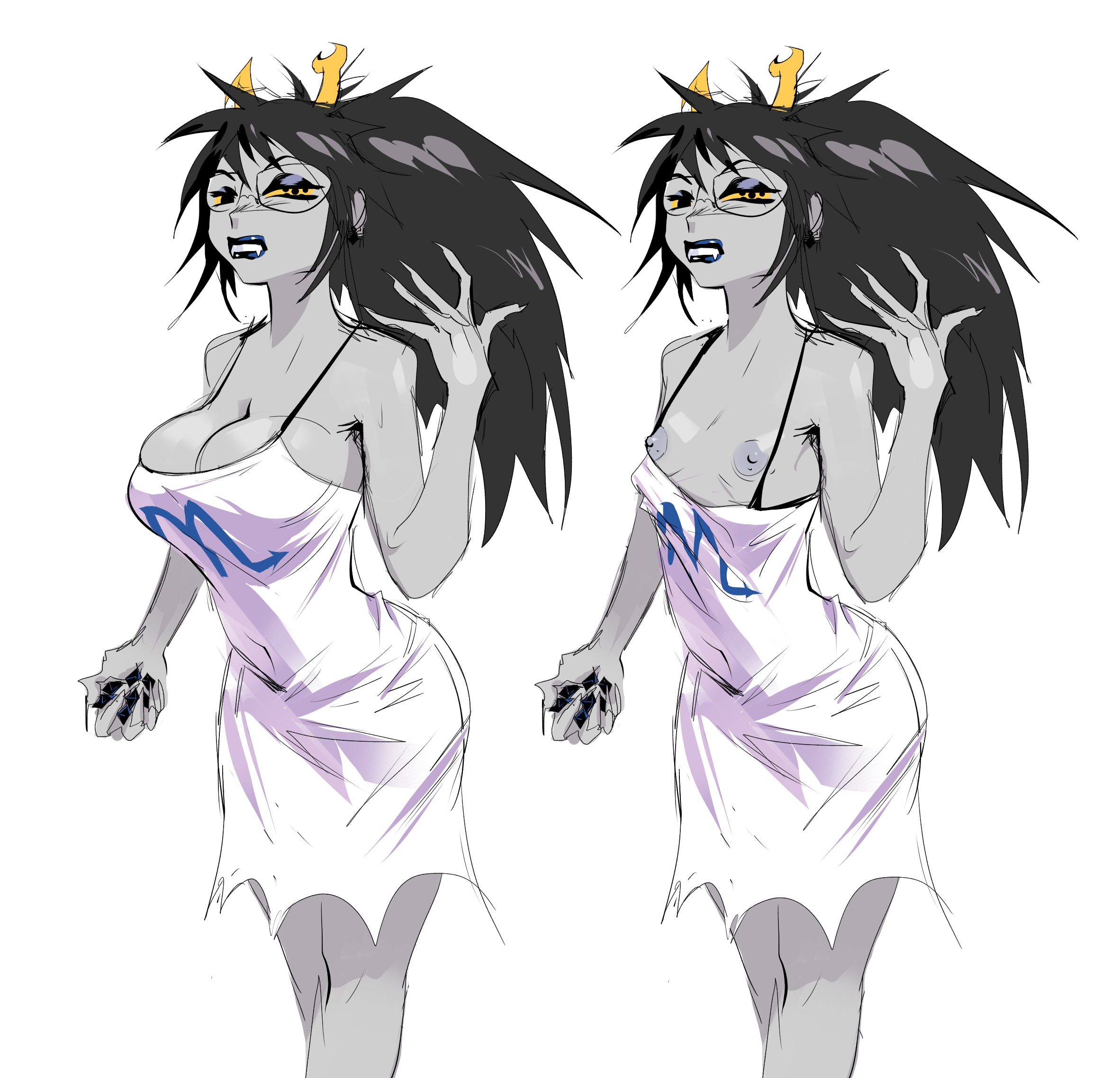 1girls, alternate breast size, breasts, dress, fangs, female, glasses, homestuck, large breasts, lysanthum, nipples, no bra, ponytail, small breasts, solo, standing, tagme, vriska serket