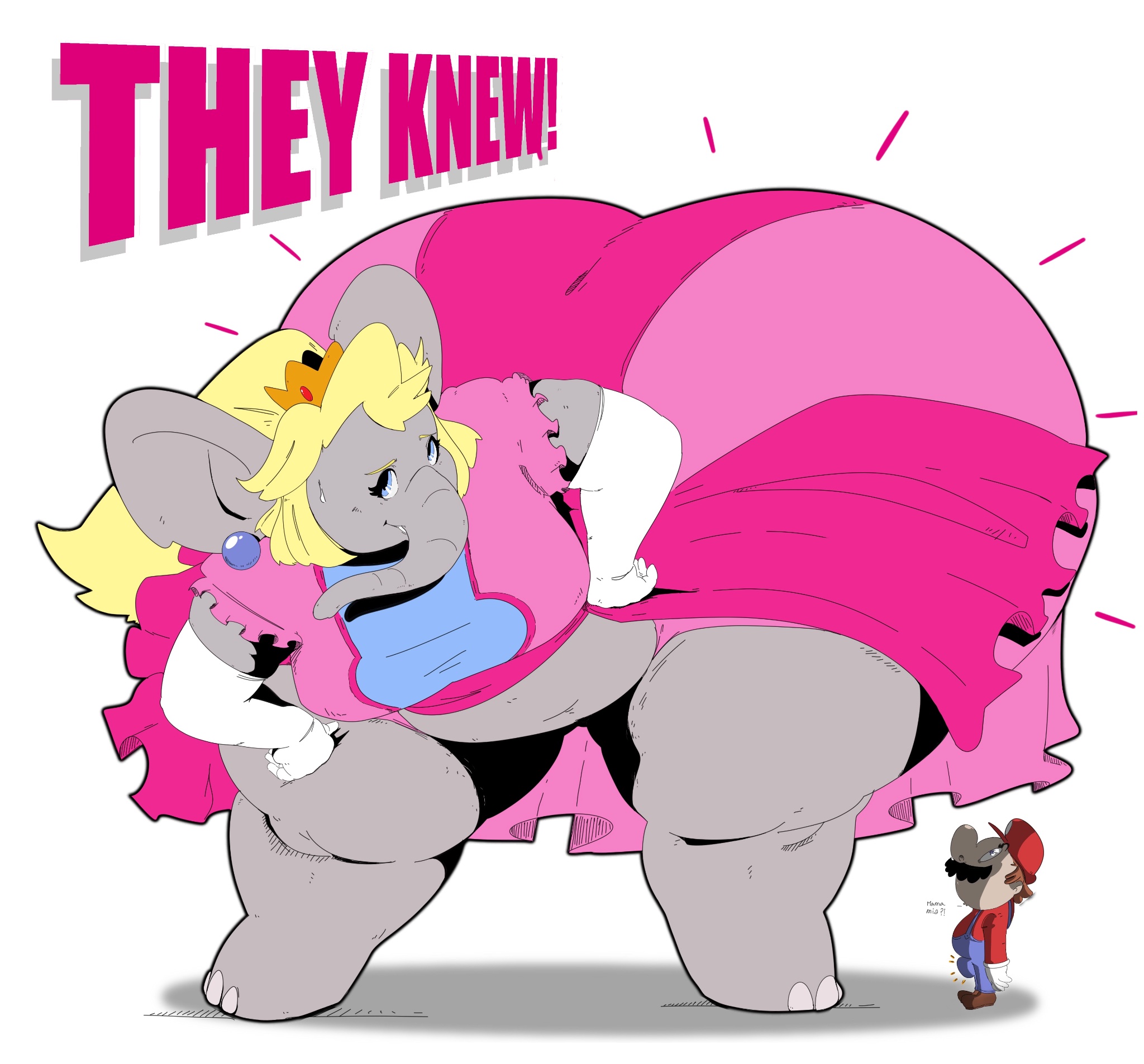 anthro, ass, big ass, big butt, blonde hair, colossal ass, elephant, elephant peach, female, gigantic ass, grey skin, huge ass, huge butt, hyper ass, male, mario, mario (series), massive ass, obese, obese female, overweight, overweight female, ovschinikovo, princess peach, size difference, solo, solo female, super mario bros. wonder, thick thighs, transformation, wide hips