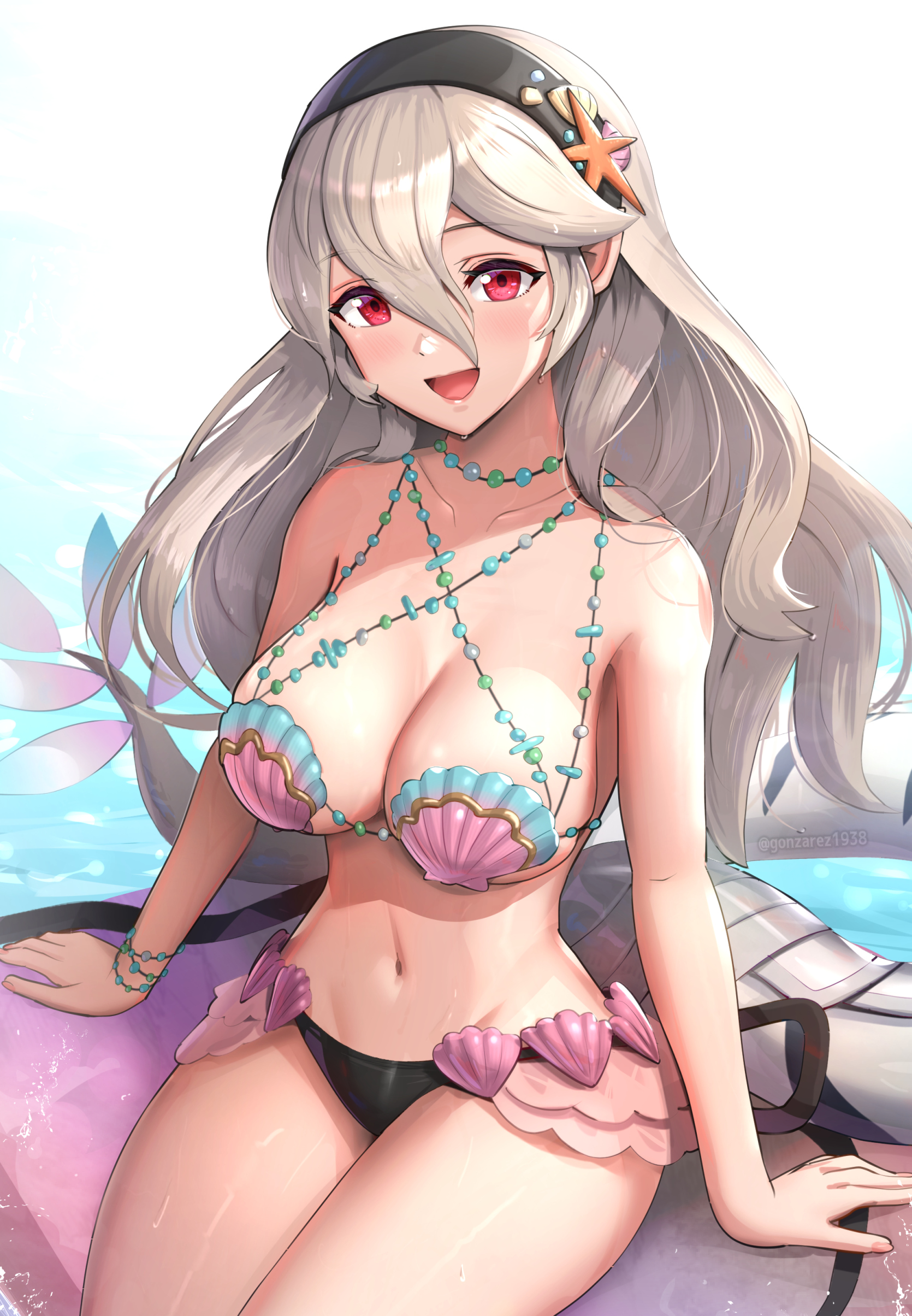 :d, 1girls, 2023, absurdres, alternate costume, arm support, artist name, bare arms, bare shoulders, bikini, black hairband, blonde hair, blush, breasts, cleavage, collarbone, corrin (fire emblem), corrin (fire emblem) (female), cowboy shot, cute, female, female only, fire emblem, fire emblem cipher, fire emblem fates, gonzarez, grey hair, hair between eyes, hair ornament, hairband, hi res, highres, large breasts, light skin, light-skinned female, long hair, looking at viewer, navel, necklace, nintendo, official alternate costume, open mouth, red eyes, sea, seashell, seashell bra, shell, shell bikini, sitting, smile, solo, stomach, tail, thighs, very long hair, watermark