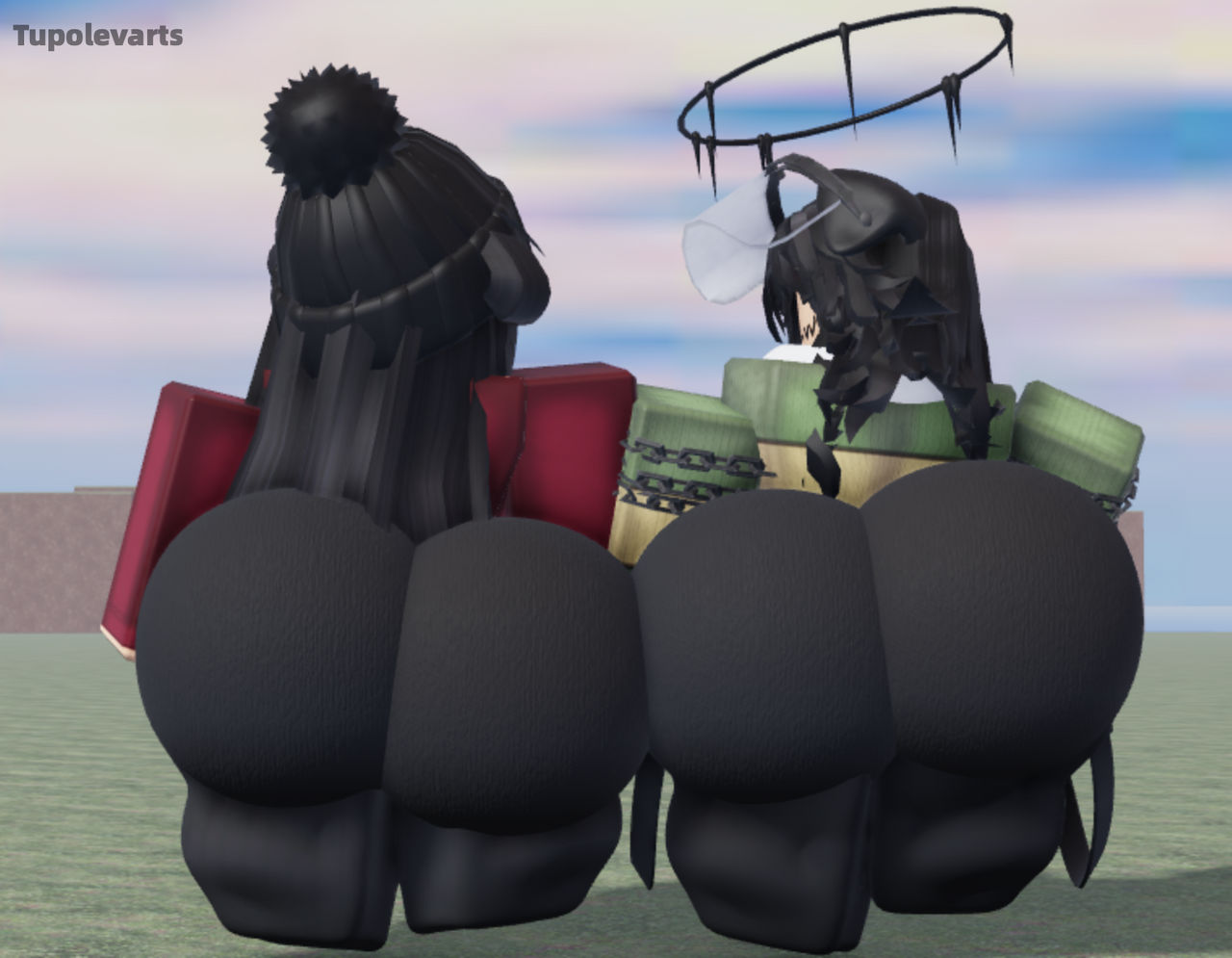 2girls, 3d, ass, ass focus, back view, big ass, black hair, bottom heavy, breasts, bubble ass, bubble butt, clothed, clothing, fat ass, female, female focus, female only, hat, huge ass, humanoid, large ass, large breasts, light skin, light-skinned female, oc, original character, outside, roblox, robloxian, standing, thick, thick ass, thick thighs, tupolevarts, voluptuous, voluptuous female