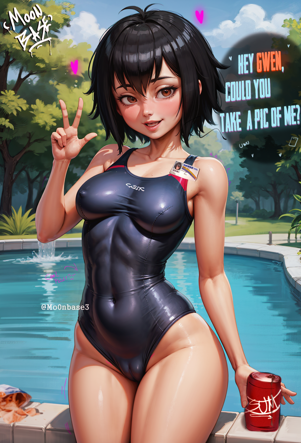 1girls ai_generated asian asian_female bed black_hair comic dialogue english_text garbage marvel medium_breasts moonbase_nsfw one_piece_swimsuit peni_parker petite pool poolside skin_tight skinny spider-man:_into_the_spider-verse spider-man_(series) stable_diffusion swimsuit text toned toned_female water