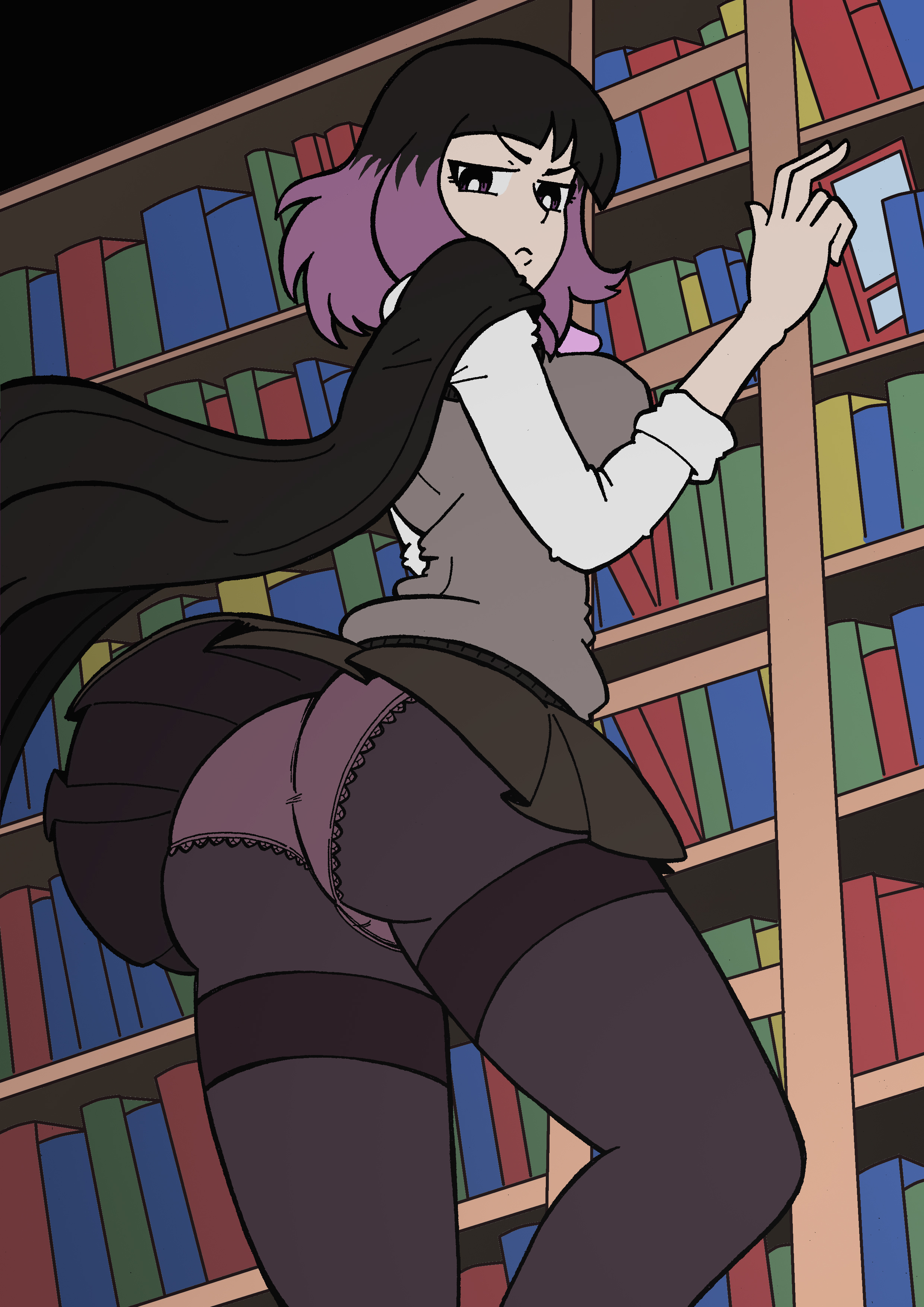 1girls, angry, ass, big ass, big breasts, black cape, black hair, breasts, cape, clothed, clothing, embarrassed, emiliano-roku, female, female only, grey vest, hilda (series), kaisa (hilda), librarian, light skin, light-skinned female, netflix, pale skin, pale-skinned female, panties, pantyhose, purple hair, purple highlights, purple panties, purple underwear, shirt, short hair, solo, thick thighs, thighs, two-tone hair, underwear, upskirt, vest, white shirt, wide hips