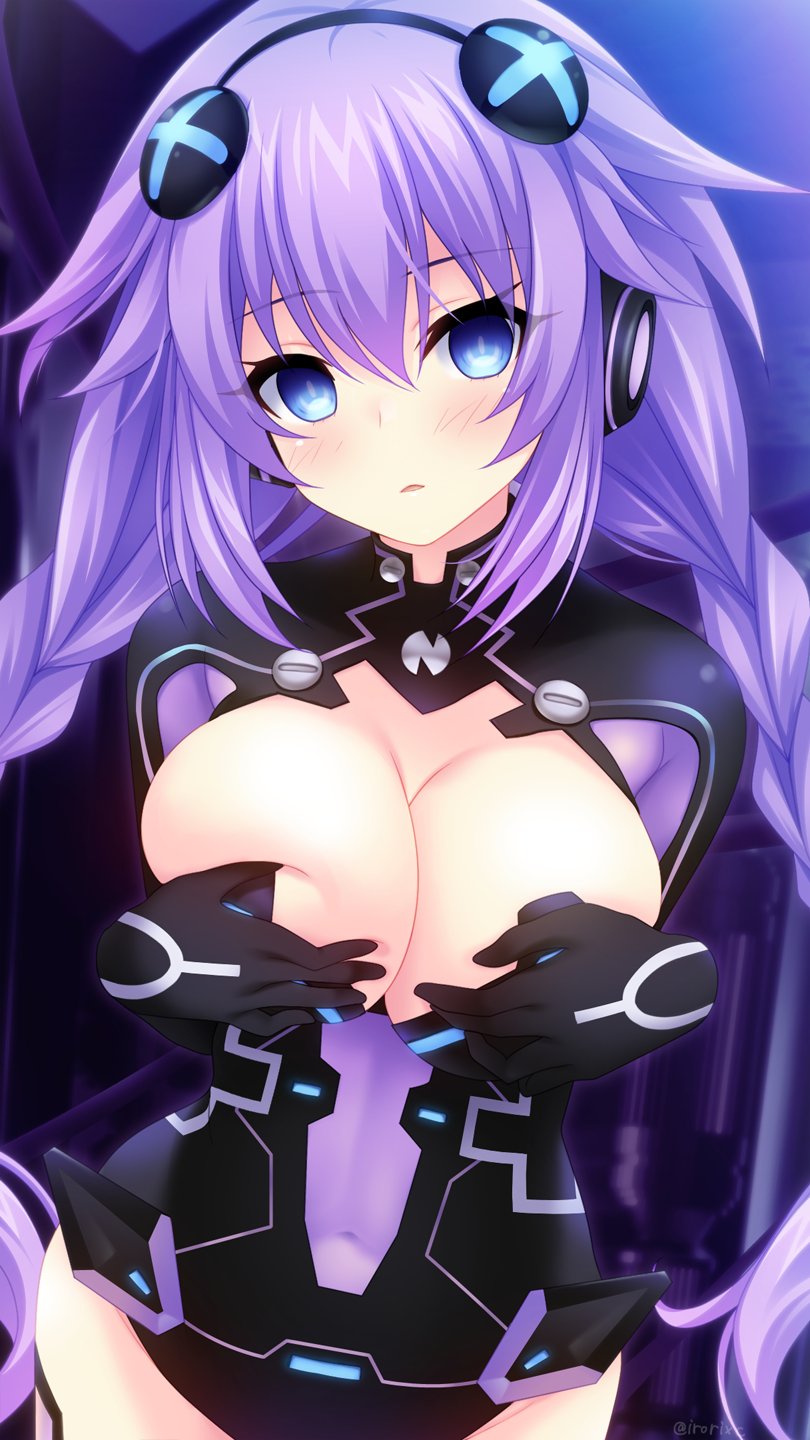 1girls blush braid breasts cleavage clothing_cutout empty_eyes hair_ornament highres hyperdimension_neptunia hypnosis irori_(irorixc) leotard long_hair medium_breasts mind_control navel_cutout neptunia_(series) purple_hair purple_heart_(neptunia) smile solo twin_braids twintails very_long_hair