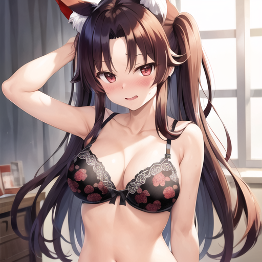 ai_generated black_bra bow_bra bra brown_hair embarrassed imaizumi_kagerou kagerou_imaizumi lingerie nemus_waifu_generator print_bra red_eyes rose rose_print touhou wolf_ears wolf_girl