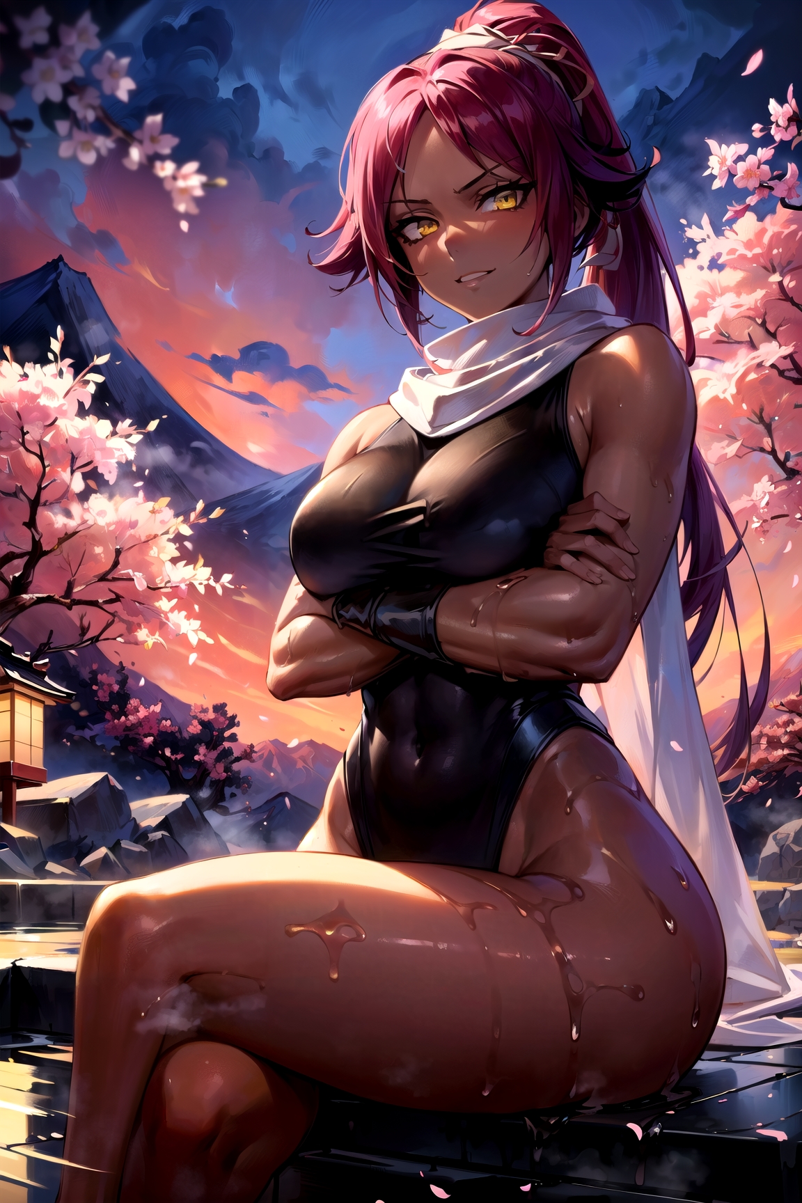ai generated, ayaaaaa, bare legs, bare shoulders, barefoot, big breasts, bleach, breasts, crossed legs, dark skin, dark-skinned female, female, female focus, hot spring, huge breasts, kunoichi, leotard, looking at viewer, martial artist, nai diffusion, ninja, onsen, outdoors, partially submerged, ponytail, purple hair, scarf, shihouin yoruichi, sitting, solo, stable diffusion, thick thighs, voluptuous, water, yellow eyes
