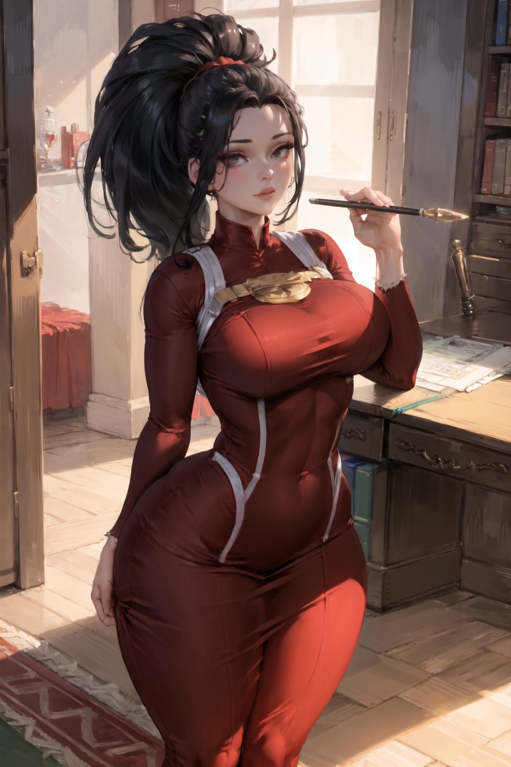 1girls, ai generated, big breasts, black hair, breasts, female, long hair, momo yaoyorozu, my hero academia, red dress, space o space, stable diffusion, yaoyorozu momo