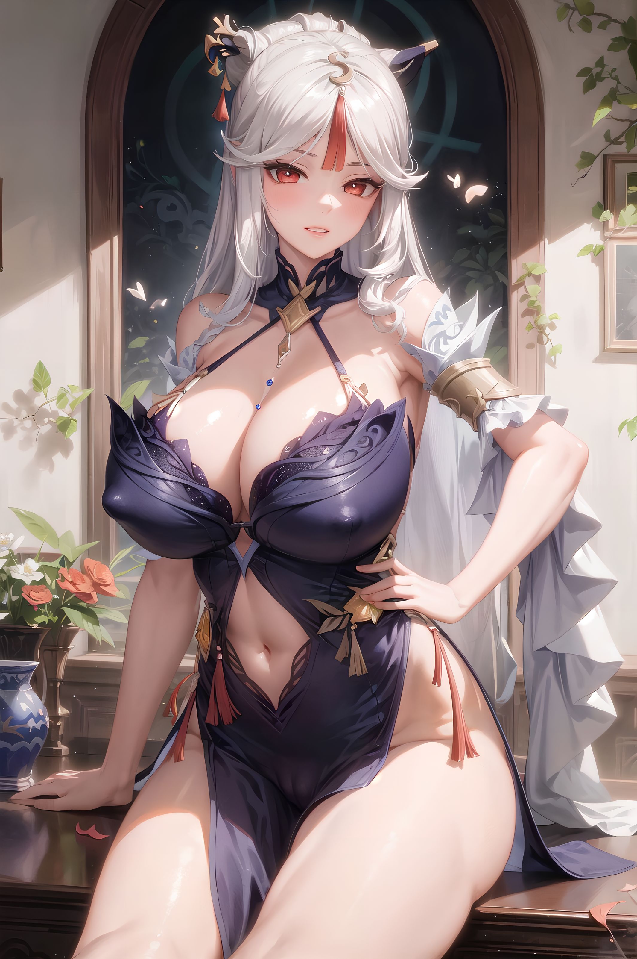 1girls, ai generated, breasts, curvaceous, curvy body, curvy female, female, female focus, female only, genshin impact, huge breasts, long hair, ningguang (genshin impact), ningguang (orchid's evening gown) (genshin impact), seductive look, stable diffusion, voluptuous, voluptuous female