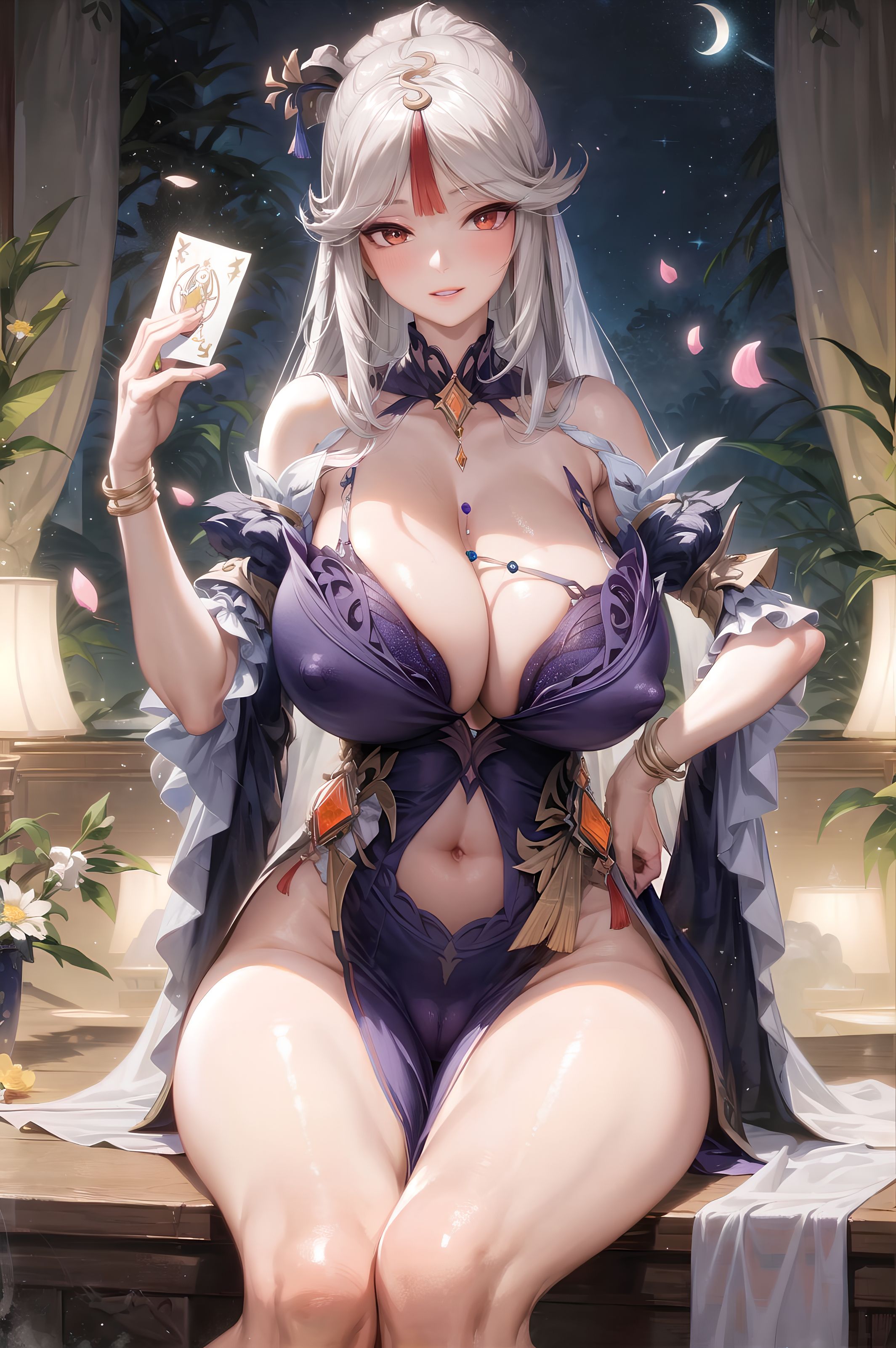 1girls, ai generated, breasts, curvy, curvy body, curvy figure, female, female focus, female only, genshin impact, huge breasts, long hair, looking at viewer, ningguang (genshin impact), ningguang (orchid's evening gown) (genshin impact), seductive look, stable diffusion, voluptuous, voluptuous female