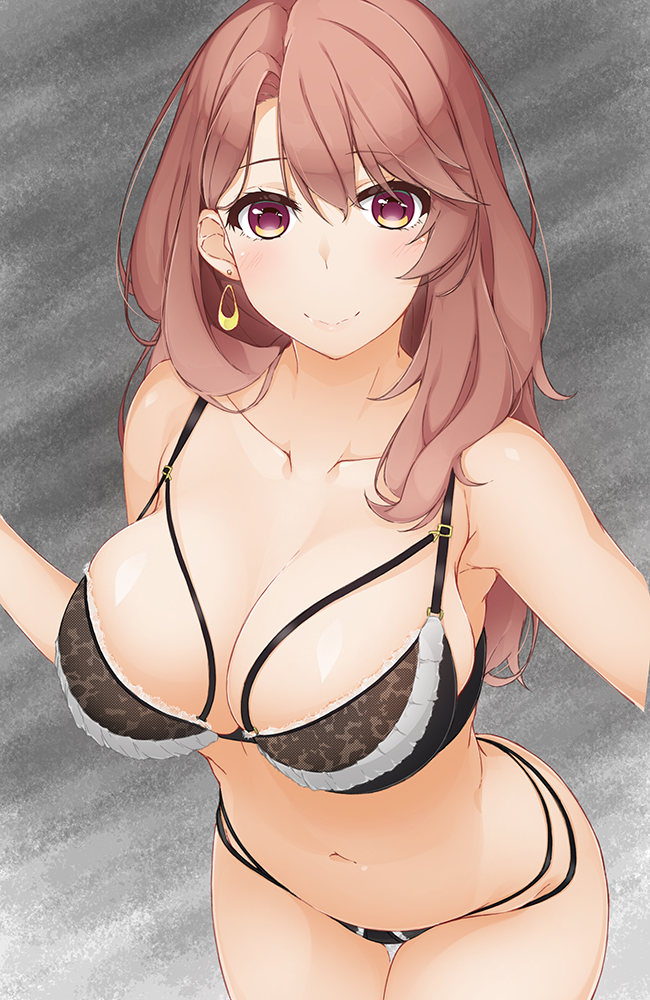 1girls bra breasts brown_eyes brown_hair cleavage collarbone commentary_request female hinata_masaki large_breasts leaning_forward long_hair looking_at_viewer mature_female navel oshi_no_ko panties saitou_miyako smile solo stomach thigh_gap underwear underwear_only