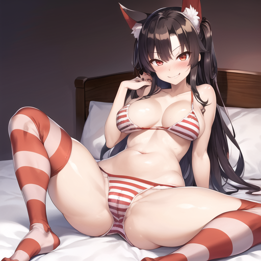 ai_generated barefoot beckoning bed bra brown_hair cameltoe cleavage feet imaizumi_kagerou kagerou_imaizumi lying_on_bed medium_breasts nemus_waifu_generator no_bra on_back open_legs panties pillow red_bra red_eyes red_panties red_thighhighs smile smirk spread_legs stockings striped_bra striped_legwear striped_panties striped_thighhighs thighhighs topless touhou underwear underwear_only white_bra white_panties white_thighhighs wolf_ears wolf_girl