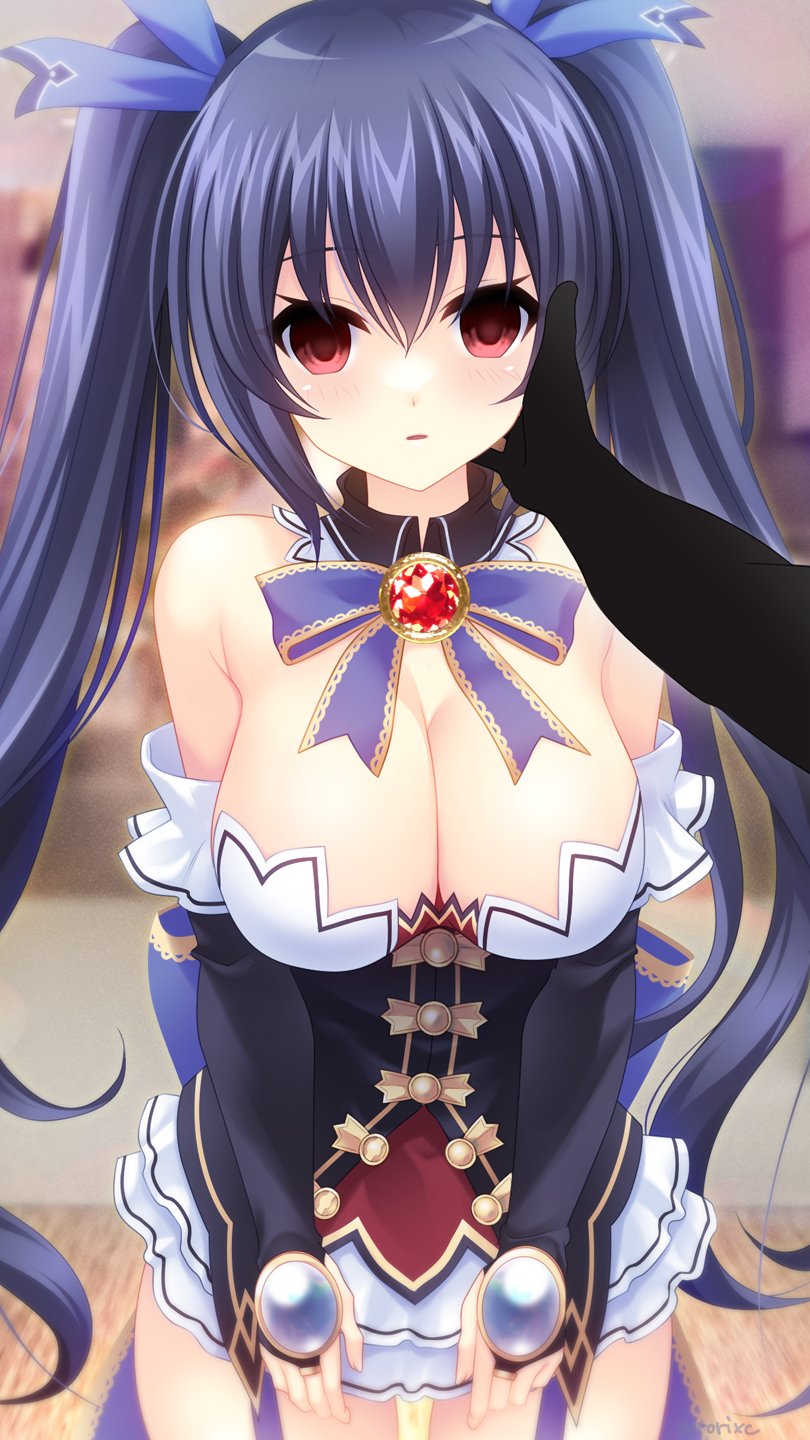 big_breasts black_arm black_hair clothed irori_(irorixc) neptunia_(series) noire pov red_eyes twintails