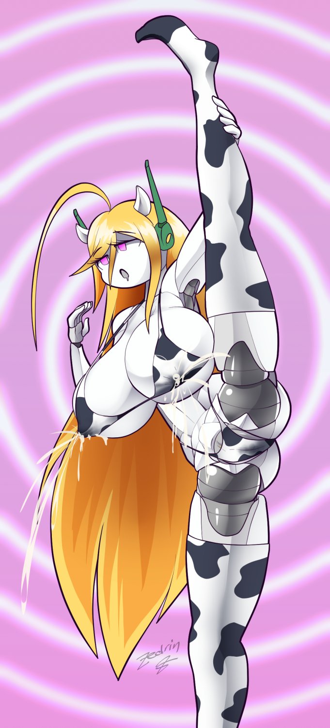 ahoge animal_print big_breasts bikini blonde_hair bodily_fluids breast_expansion breasts camel_toe cave_story cleavage clothed clothing cow_print curly_brace drooling empty_eyes expansion feet female hair hi_res horn huge_breasts humanoid hypnosis hypnotized lactating lactating_through_clothing long_hair looking_pleasured machine milk mind_control open_mouth pink_eyes raised_leg robot robot_humanoid saliva signature solo swimwear text thick_thighs transformation under_boob wet wet_clothing white_body zedrin