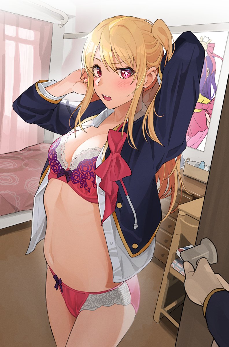 1boy bed bedroom blonde_hair blush bow bow_bra bow_panties bowtie bra breasts clothing commentary_request door female highres hoshino_ai hoshino_ruby legs_together long_hair matching_underwear mismatched_pupils navel one_side_up open_mouth opening_door oshi_no_ko panties red_bow red_bowtie red_bra red_eyes red_panties school_uniform siblings small_breasts solo_focus star-shaped_pupils star_(symbol) stomach symbol-shaped_pupils tipii twins underwear undressing walk-in youtou_high_school_uniform