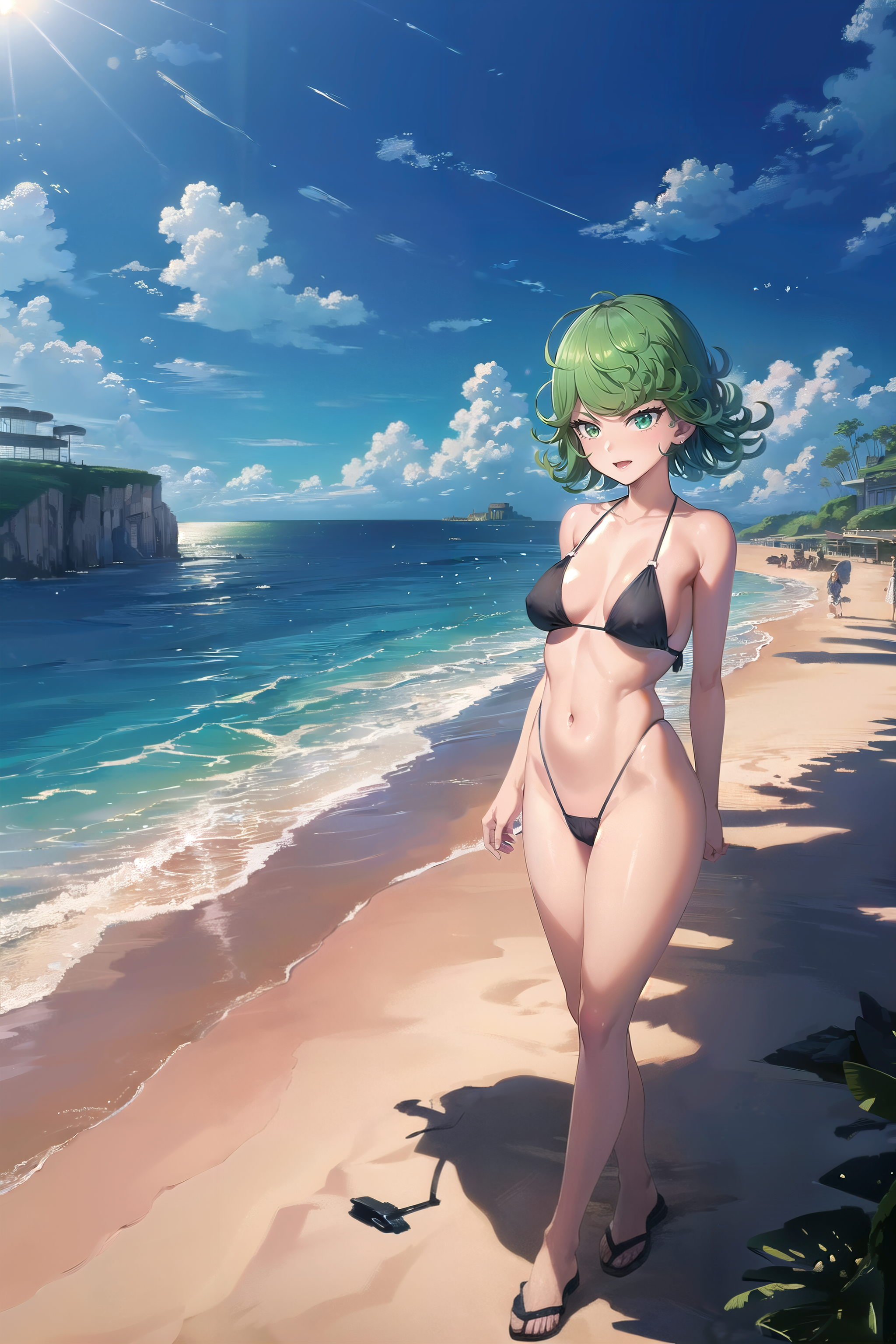 1girls, absurd res, ai generated, alternate breast size, bangs, bare shoulders, beach, bikini, breasts, cleavage, clothing, cloud, collarbone, curly hair, curvy, eyelashes, female, female focus, female only, full body, g-string, green eyes, green hair, highleg, hips, human, looking at viewer, medium breasts, medium hair, monsterssyrup, navel, ocean, one-punch man, open mouth, outside, petite, pinup, revealing clothes, sand, sandals, shiny skin, sideboob, skimpy, skindentation, solo, solo female, stable diffusion, sun, swimsuit, tatsumaki, thick thighs, thighs, thong, water, wide hips