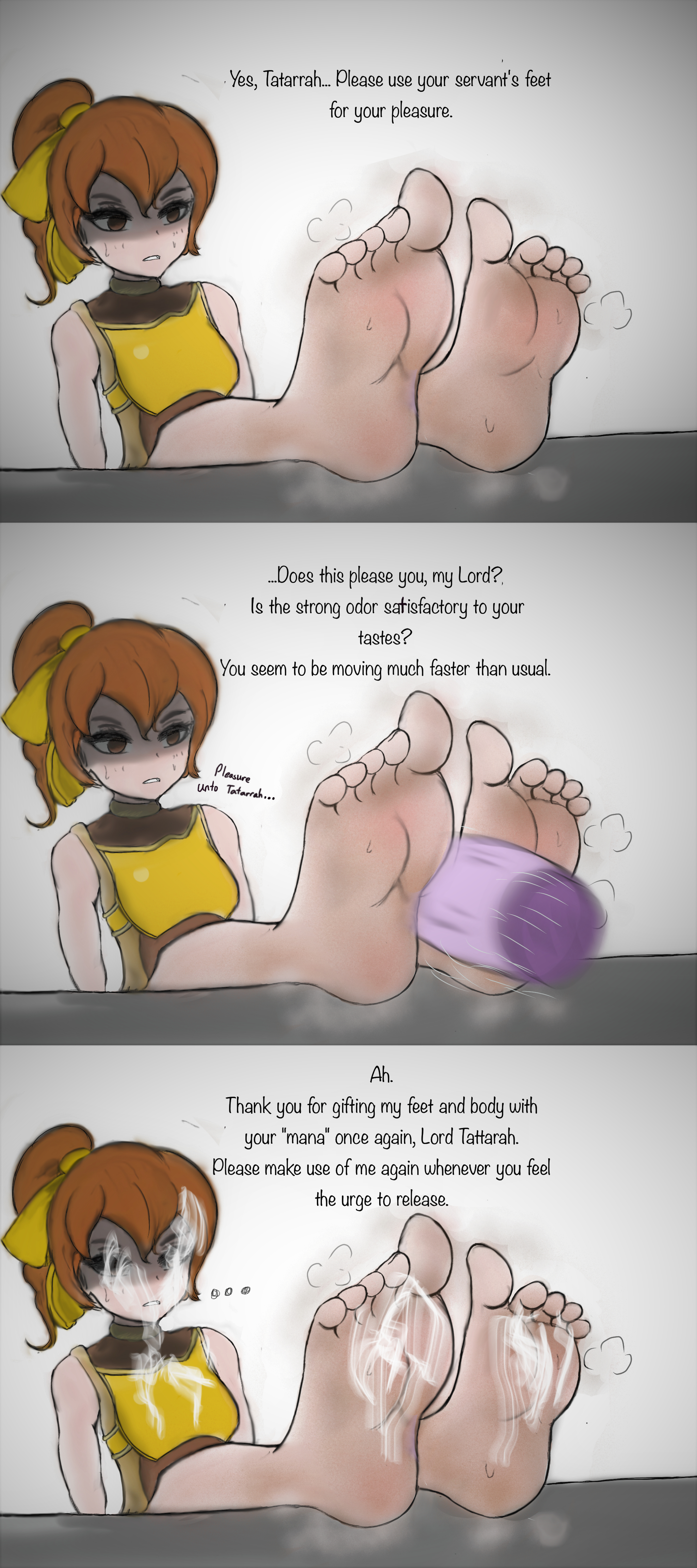 1boy, 1girls, arms behind back, barefoot, clenched teeth, corruption, cum, cum in eye, cum on body, cum on feet, cum on hair, delthea (fire emblem), english text, facial, feet, female, female focus, fire emblem, fire emblem echoes: shadows of valentia, foot fetish, foot focus, footjob, forced, frown, highres, jyo, male, mind control, nintendo, rape, shaded face, solo, tatarrah (fire emblem), teeth
