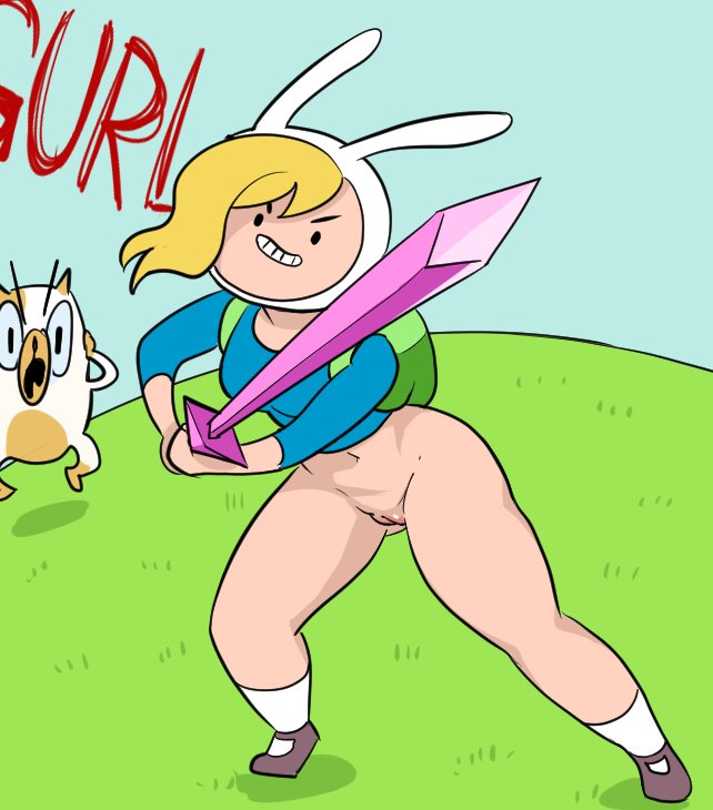 adventure time, backpack, belt, blonde hair, bottomless, cake the cat, cartoon network, clothing, duo, female, female focus, female only, fionna the human girl, fionnly47, footwear, hair, holding weapon, human, legwear, no panties, outdoors, pale skin, pussy, smile, sword, vagina, weapon