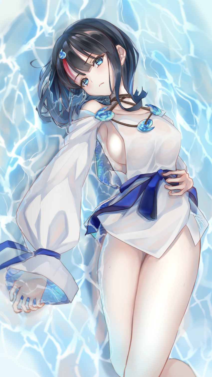 1girls bare_legs bare_shoulders black_hair blue_eyes blue_ribbon blue_sash breasts closed_mouth dress fate/grand_order fate/requiem fate_(series) hand_on_own_stomach large_breasts long_sleeves looking_at_viewer lying magatama magatama_hair_ornament medium_hair multicolored_hair on_back panties red_hair ribbon sash seigaiha short_dress side-tie_panties sideboob sideless_outfit solo streaked_hair thighs underwear utsumi_erice wata0933 water wet white_dress